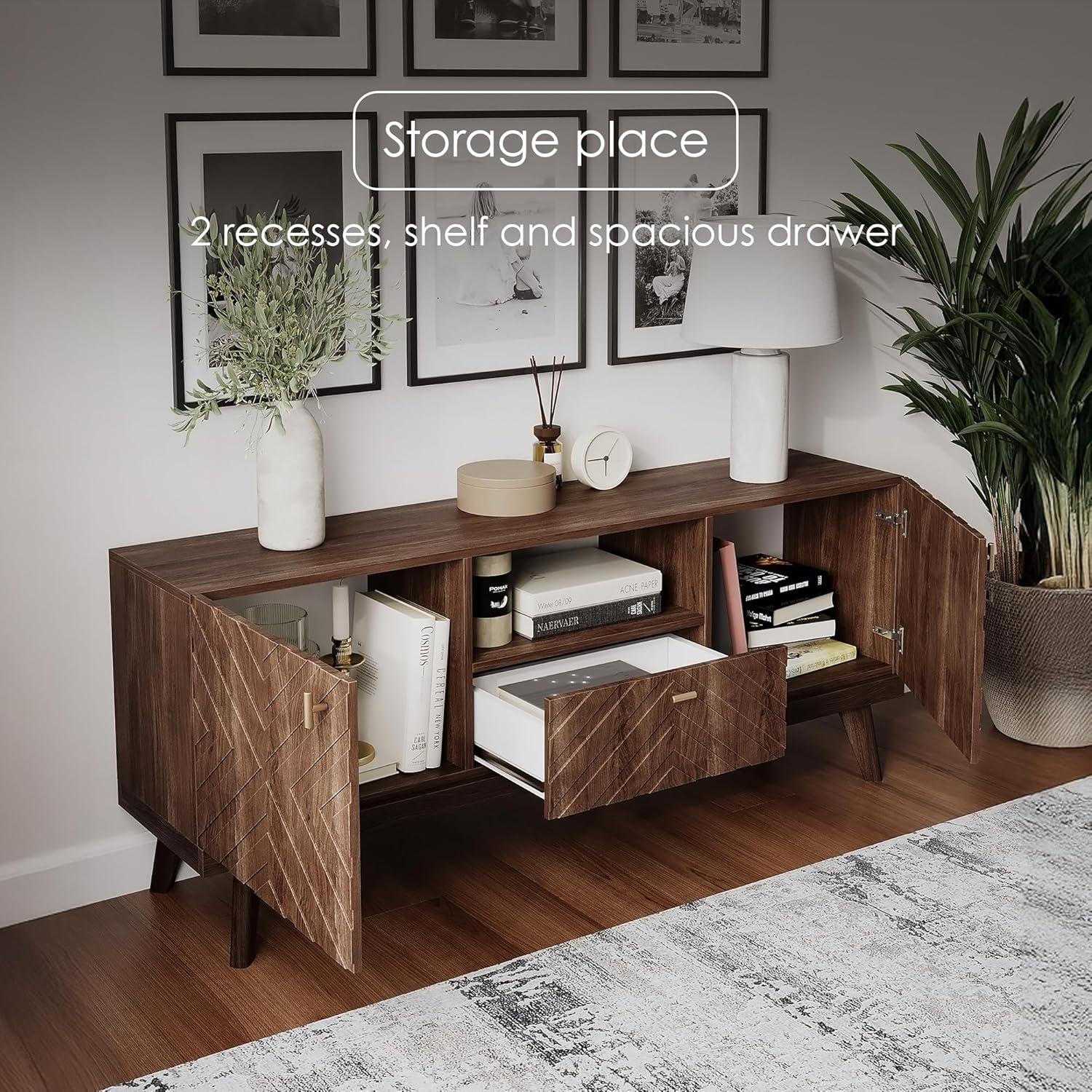 Living Skog  Alba Beige TV Stand Console with Drawer Fits TV's up to 65 in. with Wood Legs Mid Century Modern Design Beige Laminate Up to 240 lbs