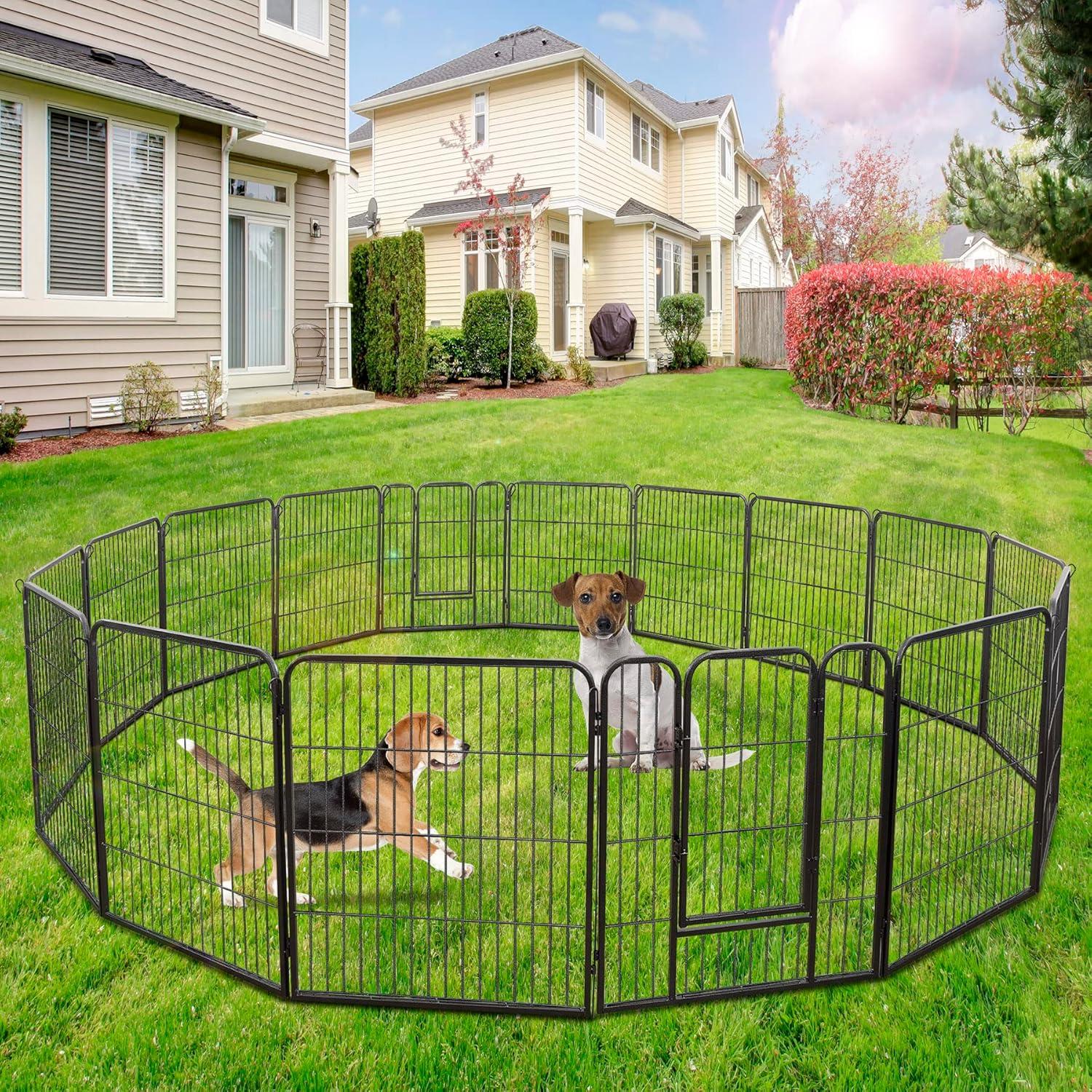 FDW Dog Playpen Pet Dog Fence 32" Height 16 Panels Metal Dog Pen Outdoor Exercise Pen with Doors for Large/Medium /Small Dogs Camping,Yard