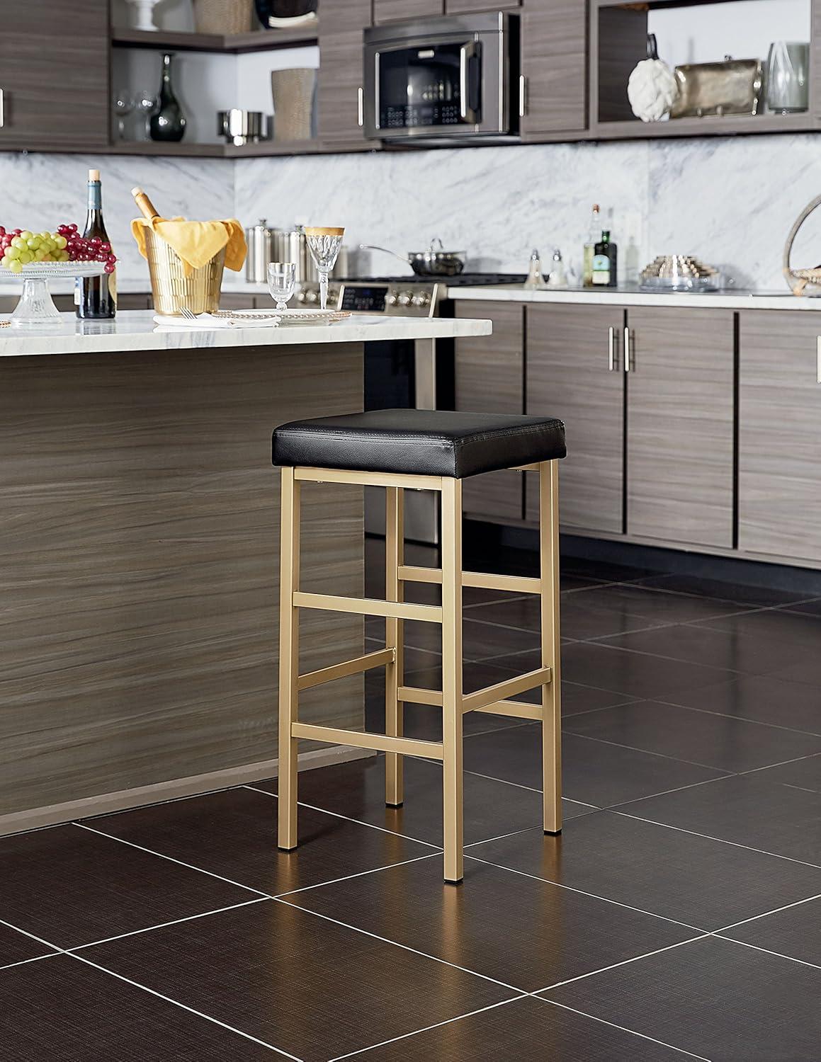 Metro 30'' Polished Gold and Black Leatherette Backless Barstool