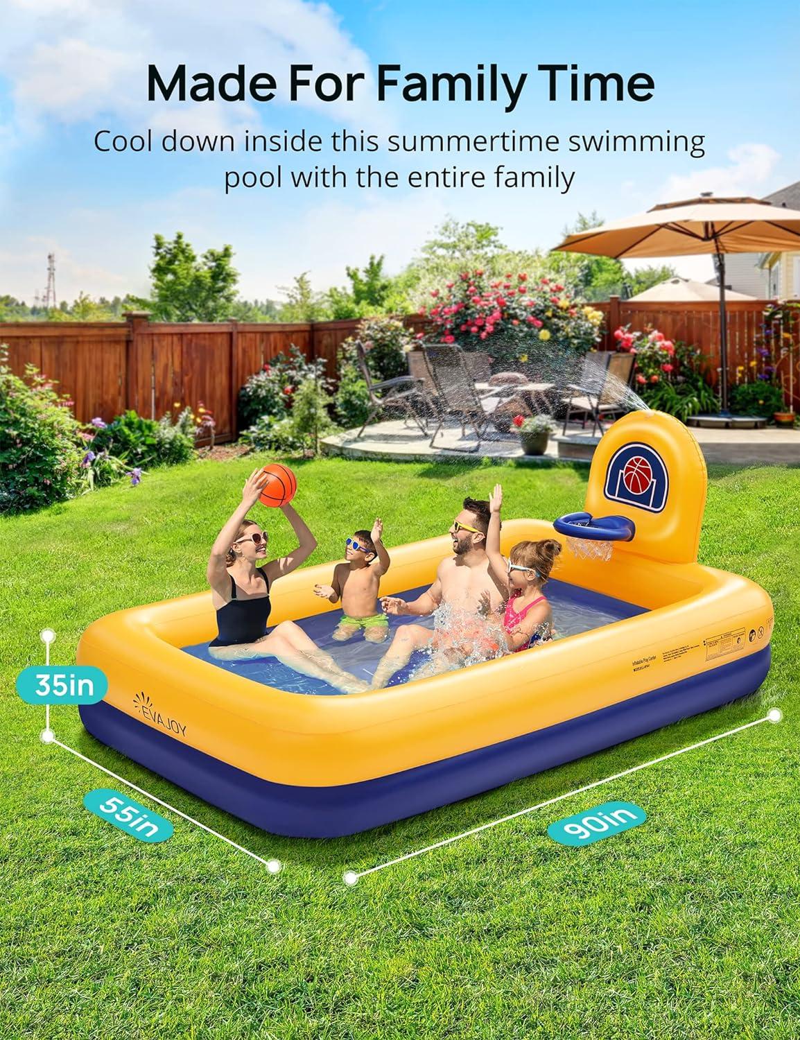 Evajoy Yellow and Blue Inflatable Kiddie Pool with Basketball Hoop