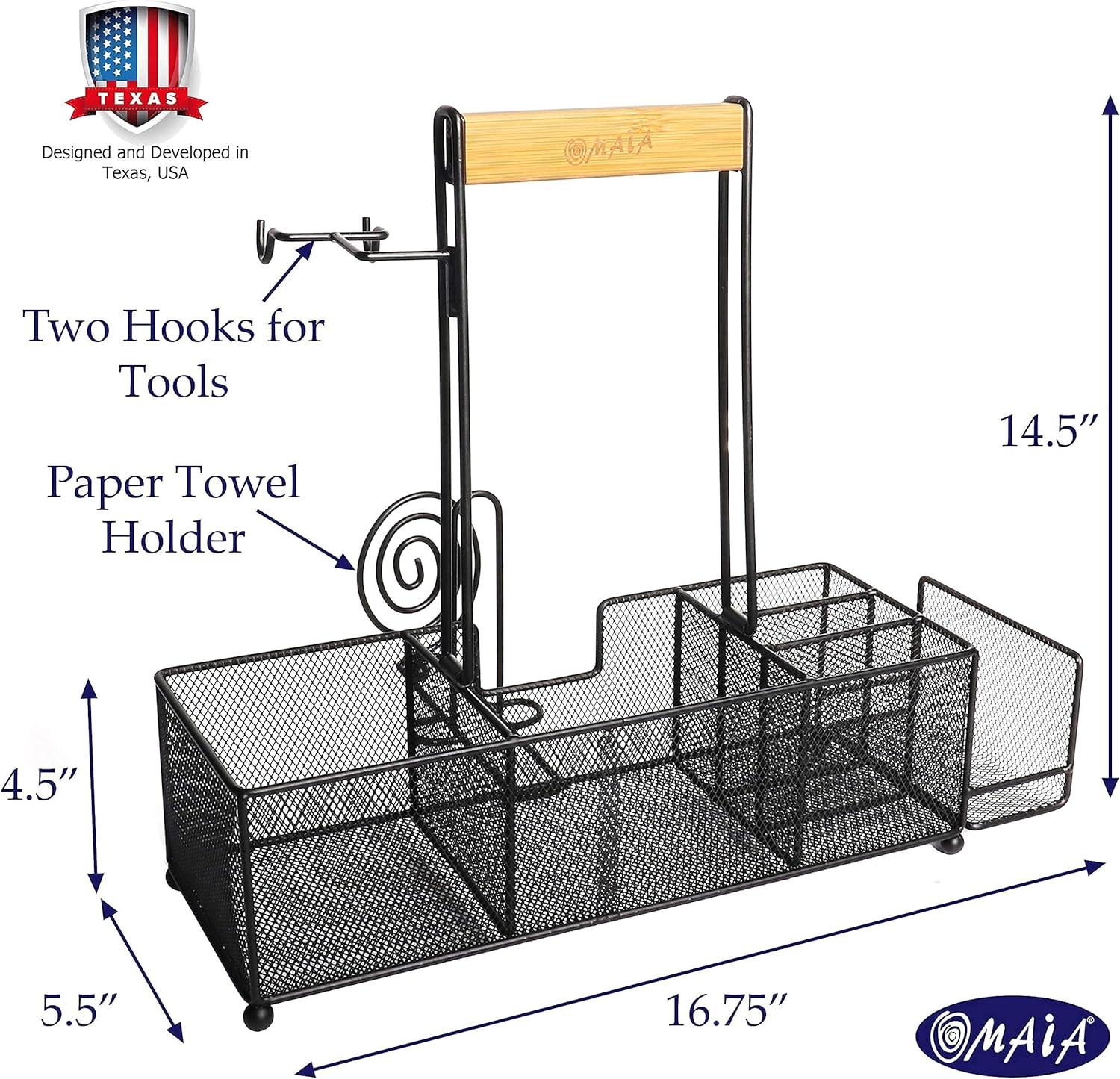 Black Metal and Wood Handle BBQ Grill Caddy with Paper Towel Holder