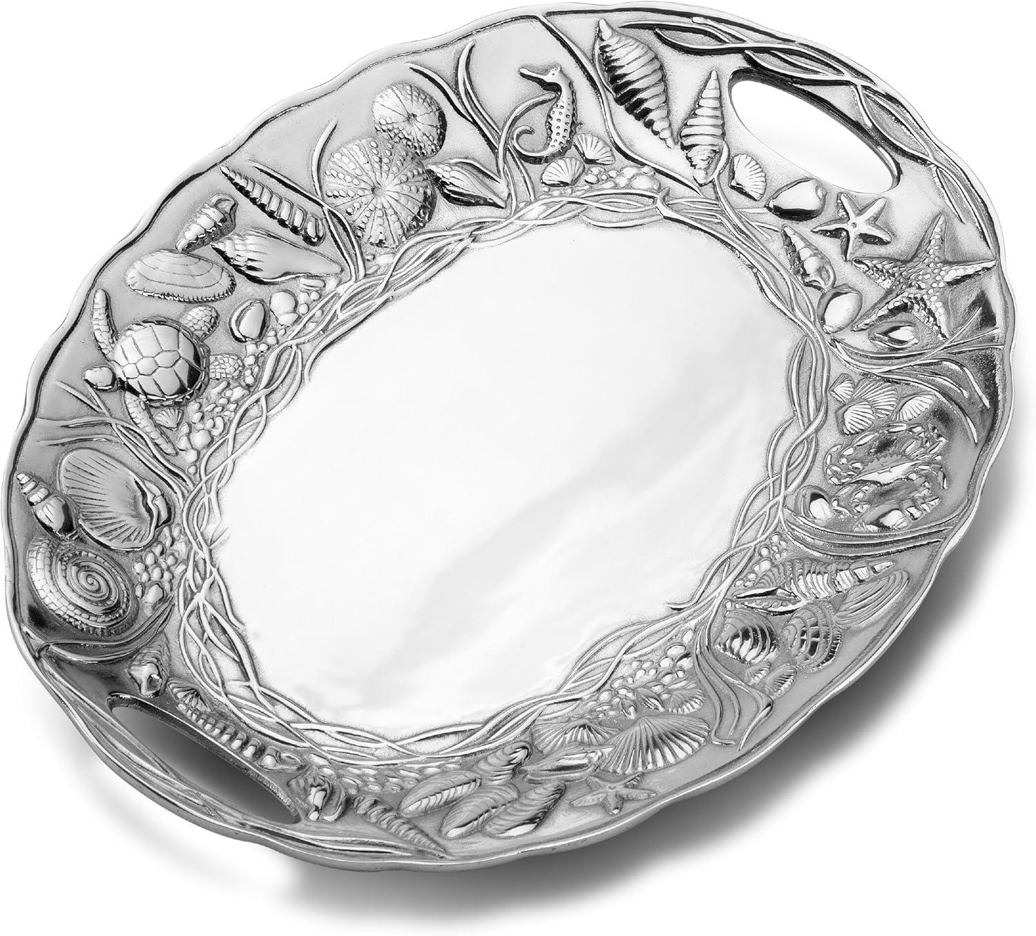 Coastal Silver Alloy Handle Tray with Ocean Motifs
