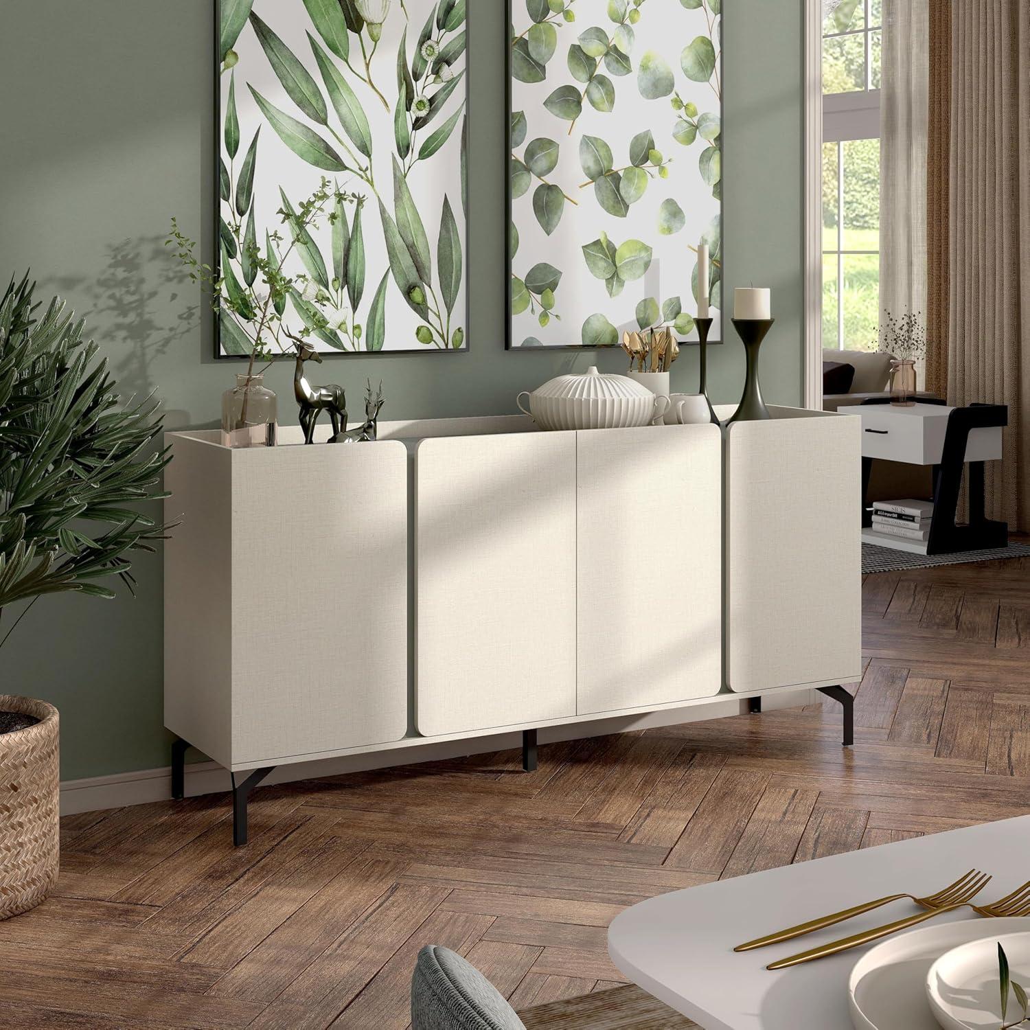 Cream Weave & Sage Green Modern Sideboard Buffet with Metal Legs