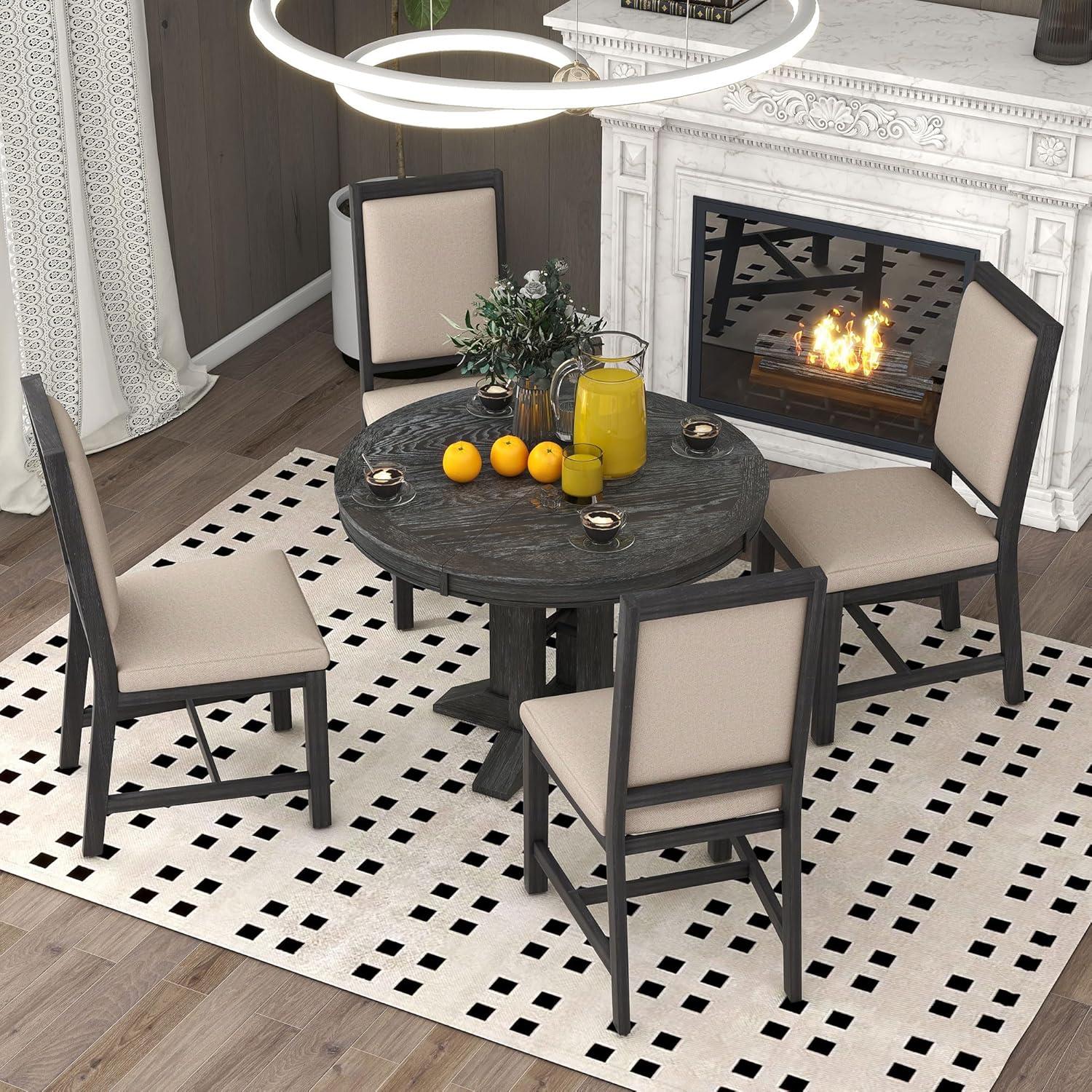 Bellemave Extendable Dining Table Set for 4, 5-Piece Round Table Set with 4 Chairs, Circle Table with Upholstered Chairs, Oval Kitchen Table Set with Extendable Table (Natural Wood Wash)