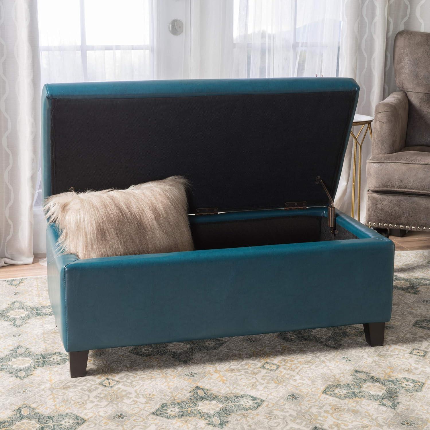 Teal Faux Leather Storage Ottoman with Dark Brown Birch Legs