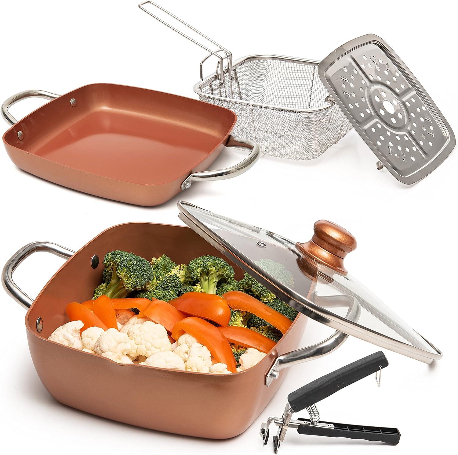 Moss & Stone Copper 6 Piece Set Chef Cookware, Non Stick Pan, Deep Square Pan, Fry Basket, Steamer Tray, Dishwasher & Oven Safe, 5 Quart Copper Pot Set, 9.5" Copper Induction Cookware Set