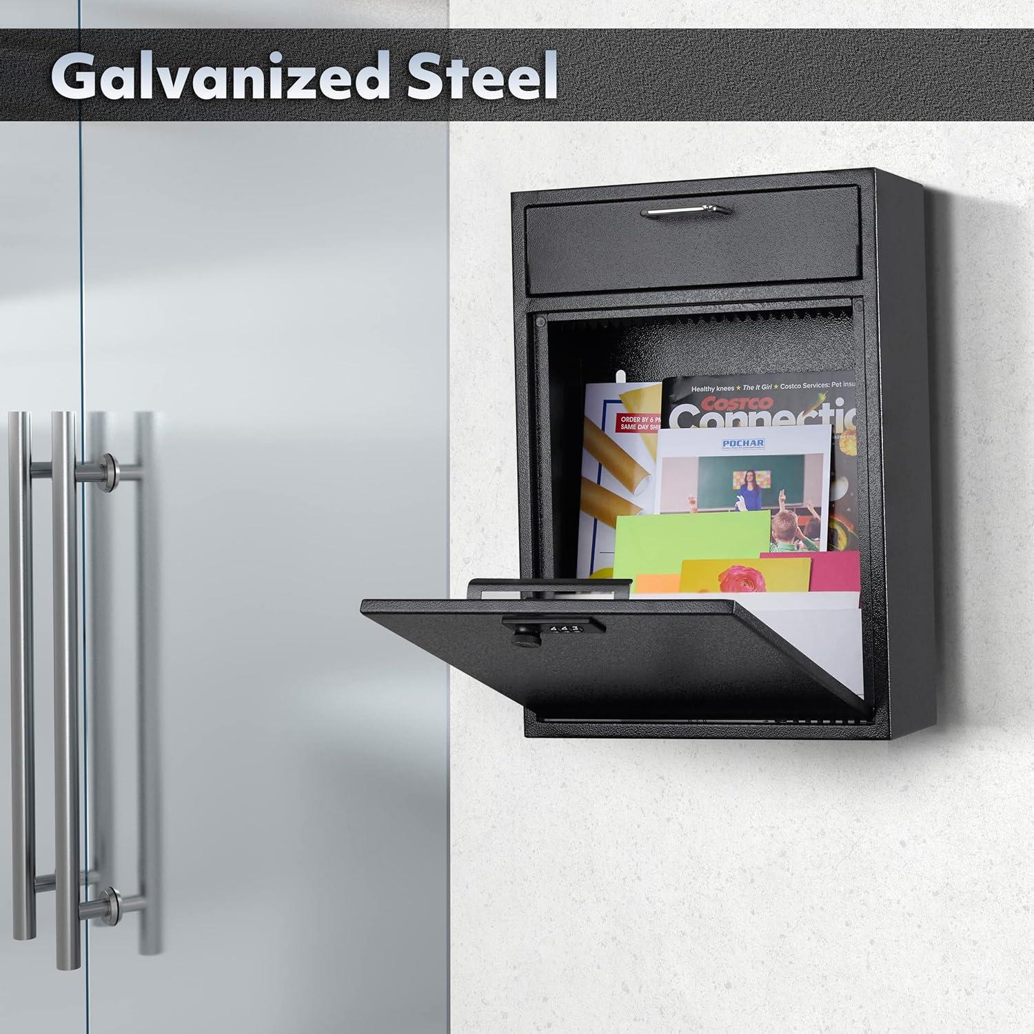 Extra Large Wall Mount Mailbox with Combination Lock - Anti-Theft Heavy Duty Locking Mailbox Wall Mount for Business - Suitable for Mails, Keys, Rent, and Checks (11'' x 4.75'' x 15.75'')