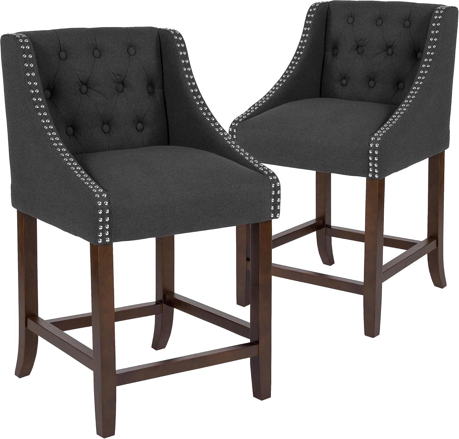 Transitional Charcoal Fabric Tufted Walnut Wood Counter Stool, Set of 2