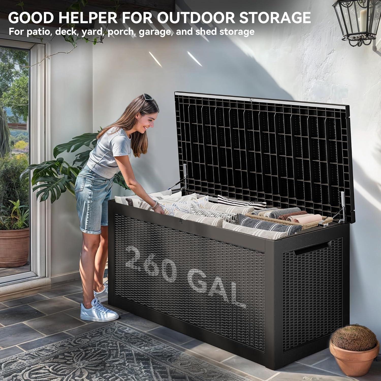 YITAHOME 32 Gallon Rattan Deck Box, Indoor Outdoor Storage Box for Patio Furniture, Pool Accessories, Cushions, Garden Tools, Sports Equipment, Waterproof Resin with Lockable Lid & Side Handles, Black