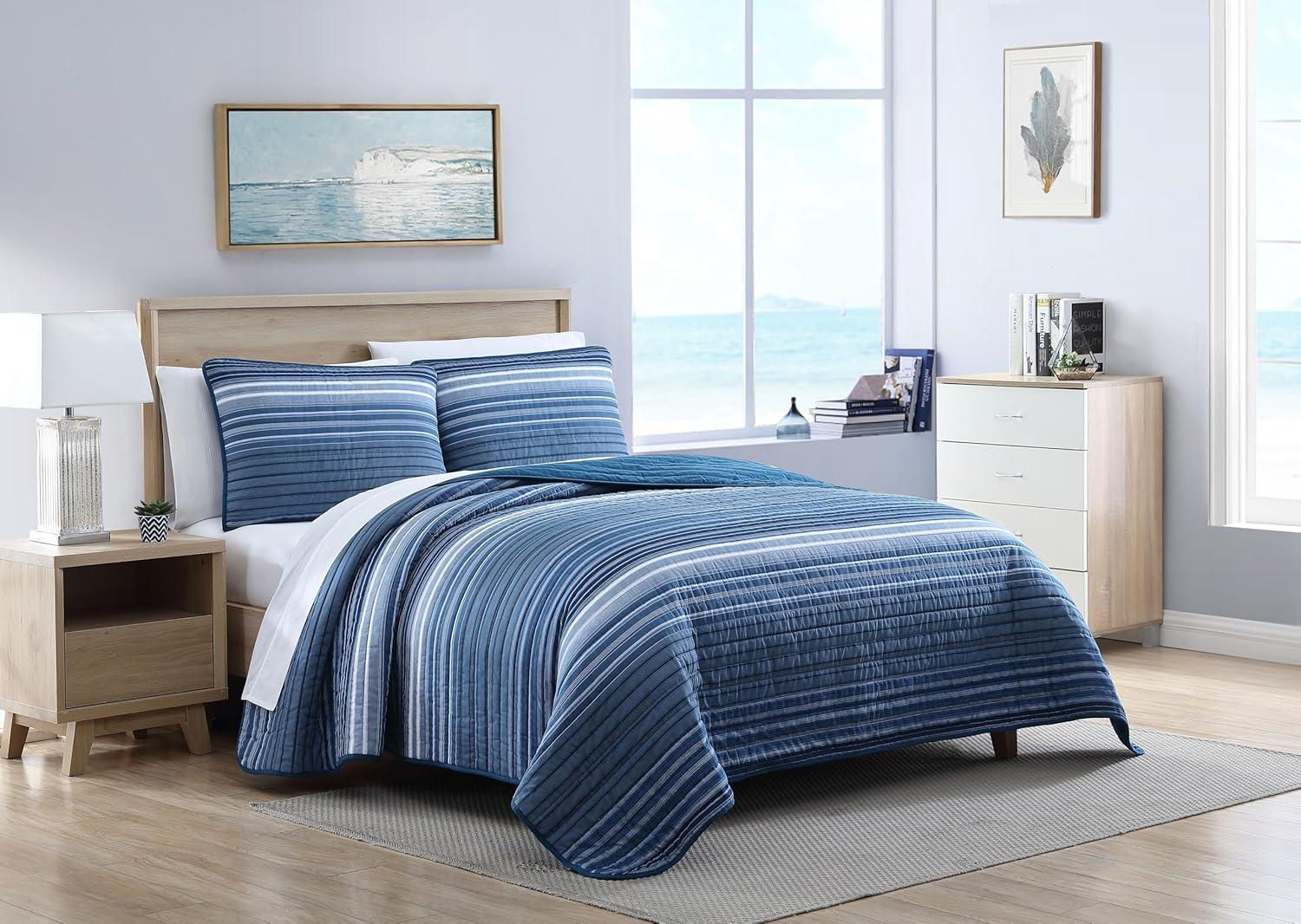 Nautica Coveside Cotton Reversible Blue Quilt Set