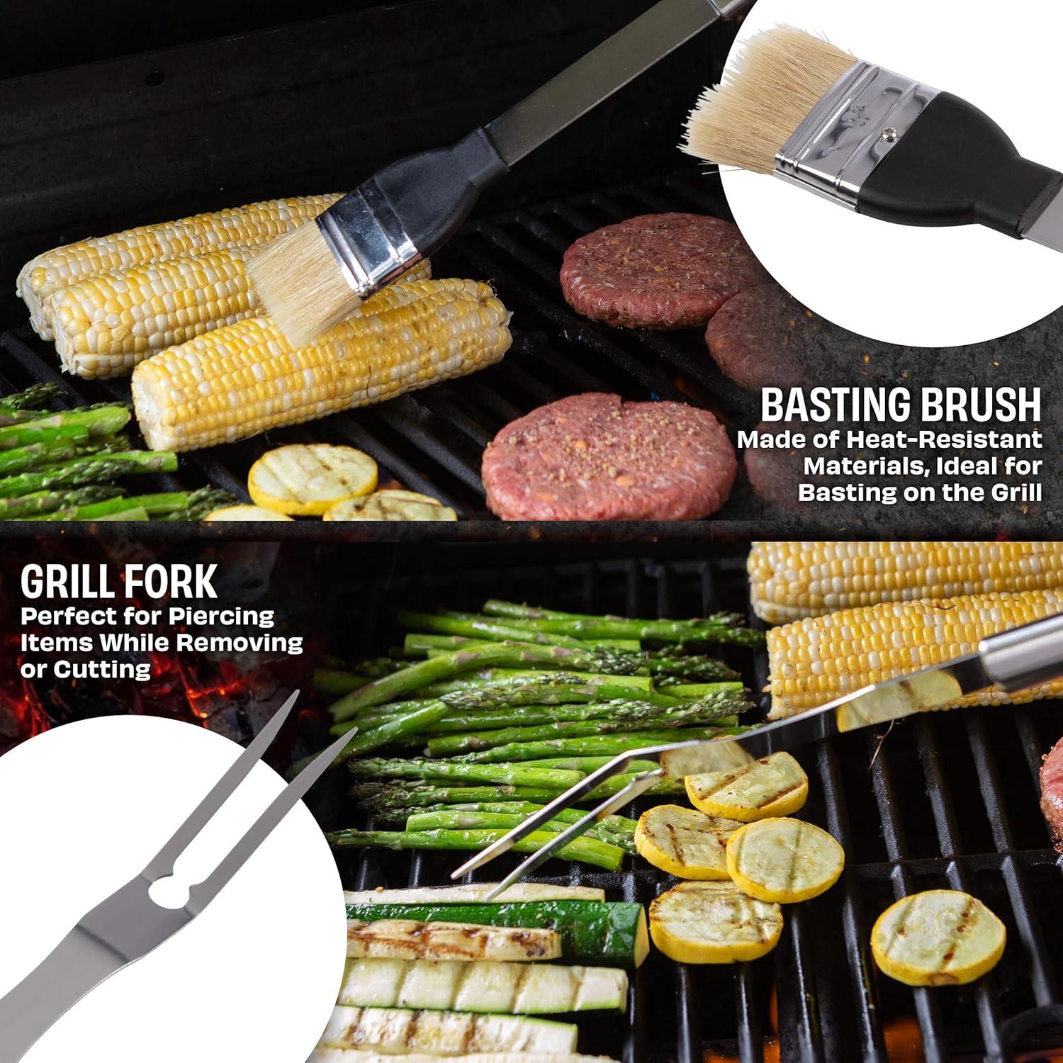 BBQ Grill Accessories Kit - 19-Piece Stainless-Steel Grilling Tools Set with Carrying Case - Camping Utensils for Summer Outdoor Cooking by Chef Buddy