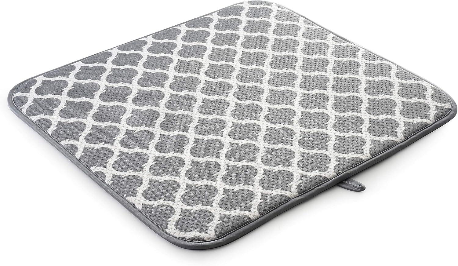 SRENTA 18" X 16" Microfiber Dish Drying Mat Super Absorbent Dish Drainer Kitchen Pad with Hanging Loop, Gray Trellis