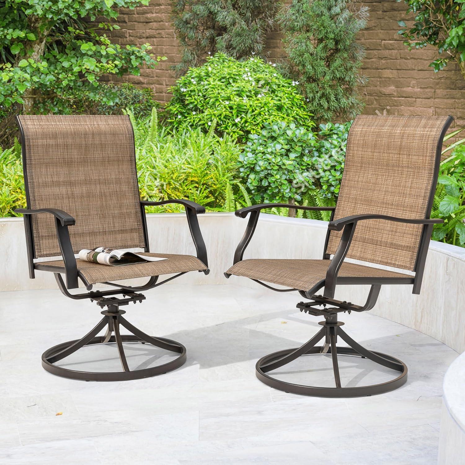 2-Piece Swivel Steel Sling Outdoor Patio Dining Chairs, Brown