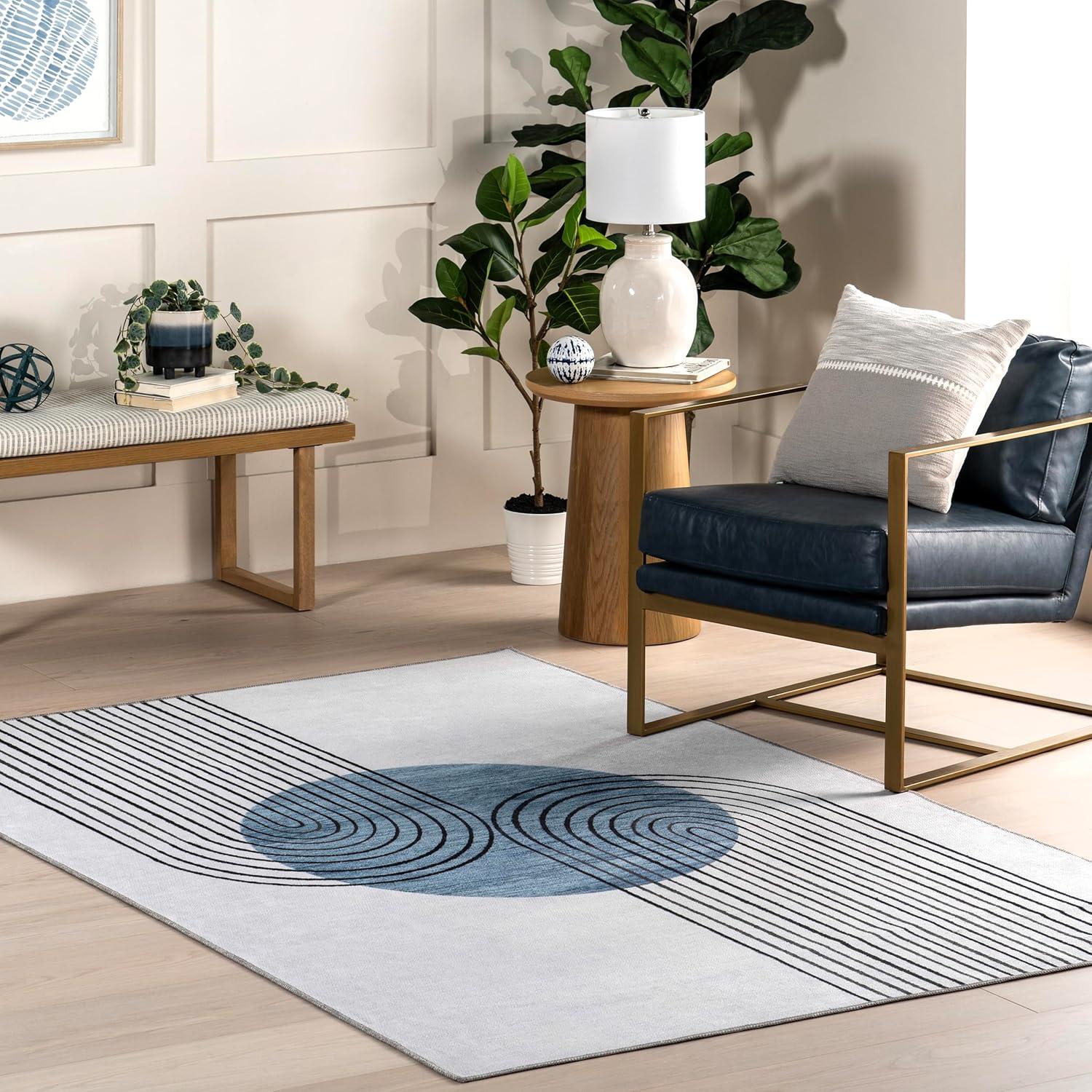 Martine Blue Abstract Washable Synthetic Area Rug