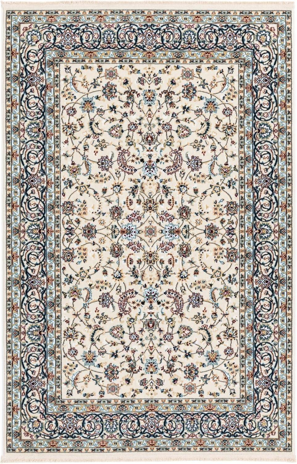 Ivory and Blue Persian Style Rectangular Area Rug 4' 1" x 6' 1"