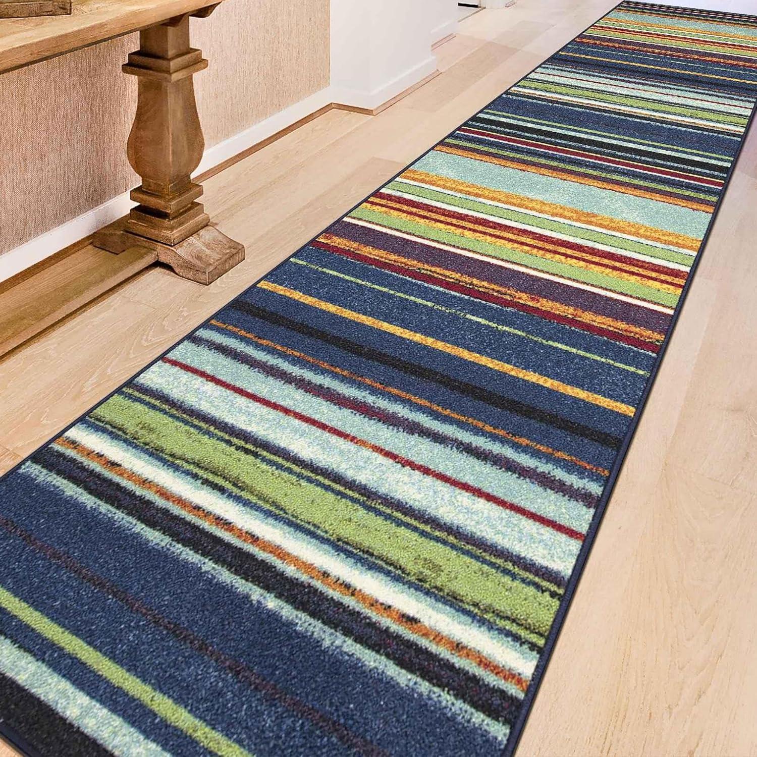 Multicolor Striped Non-Slip Synthetic Runner Rug, 2'7" x 9'10"