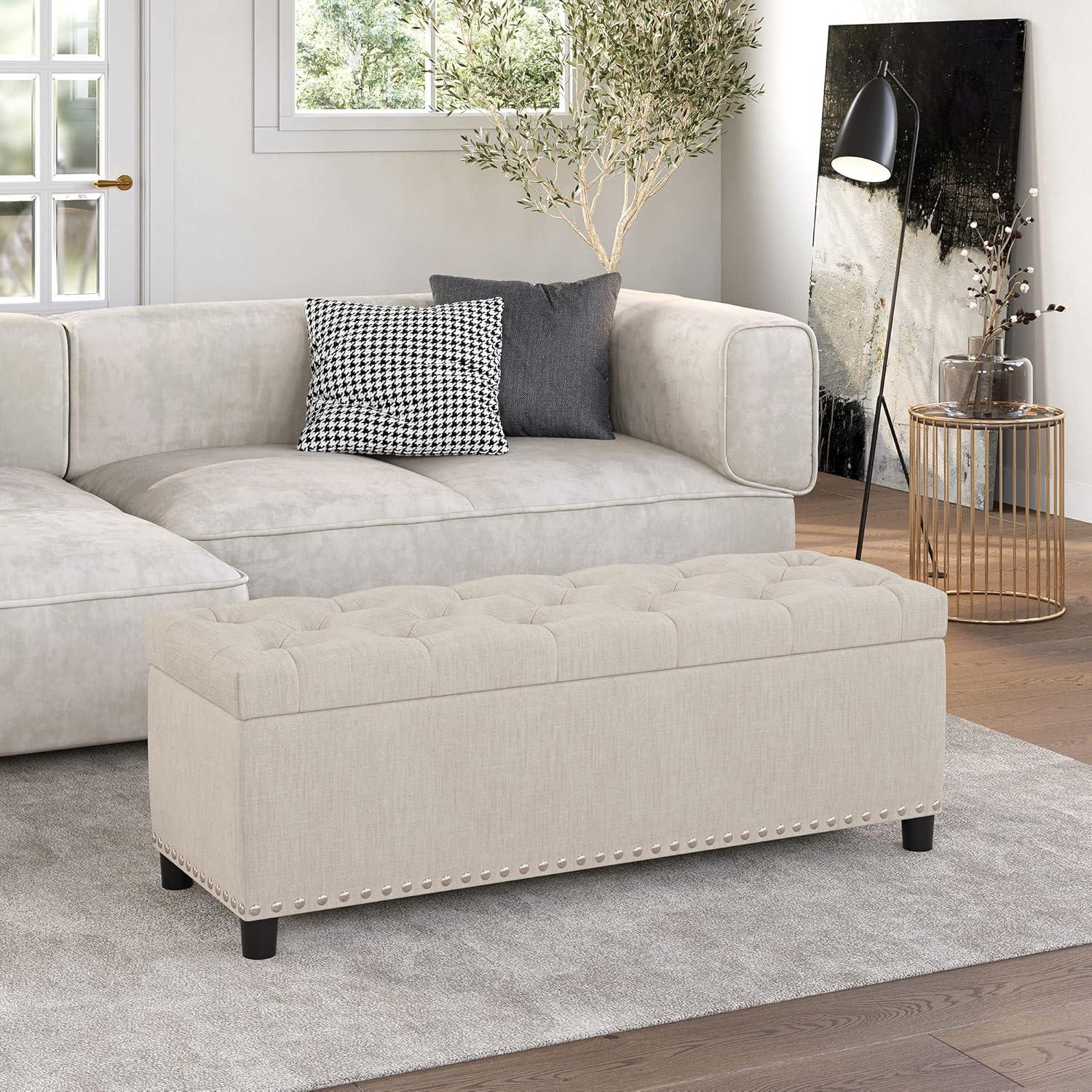 BELLEZE Button-Tufted Linen Storage Ottoman Bench - Brentwood (Dark Gray)