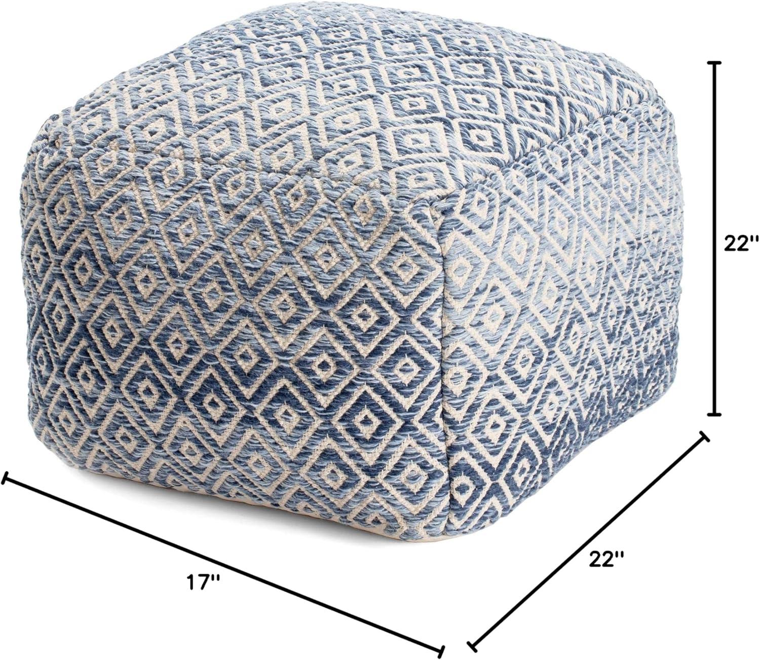 Chero Distressed Diamond 22" Square Pouf Ottoman Blue and Beige