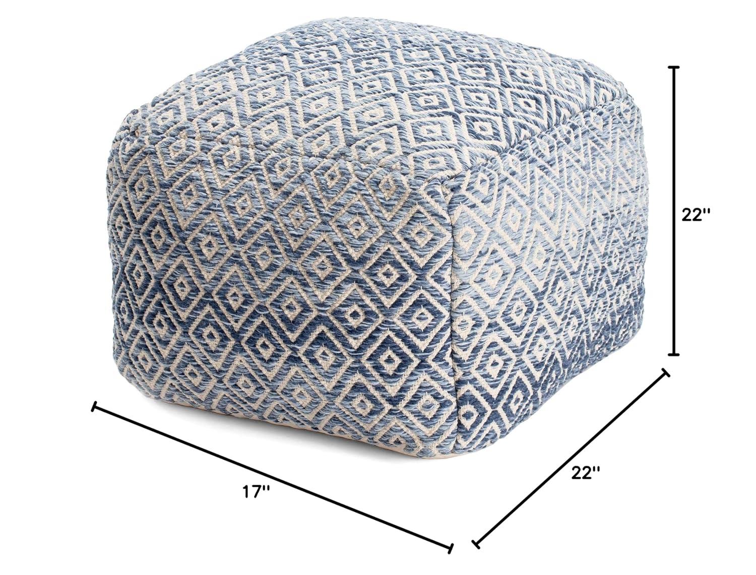 Chero Distressed Diamond 22" Square Pouf Ottoman Blue and Beige