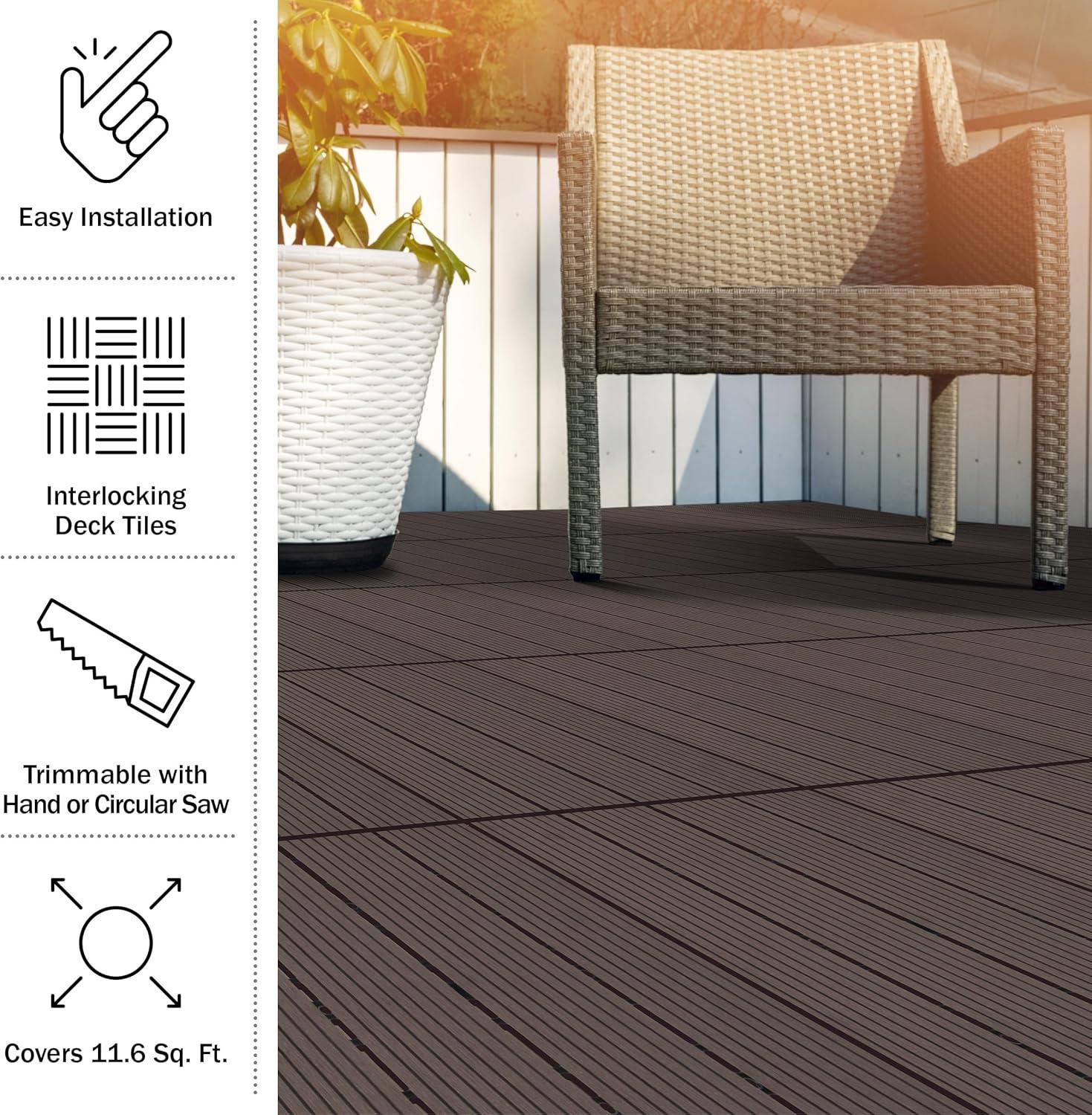 Deck Tiles - 6-Pack Wood Plastic Composite Interlocking Patio Tiles - 5.8SQFT Outdoor Flooring for Balcony, Porch, and Garage by Pure Garden