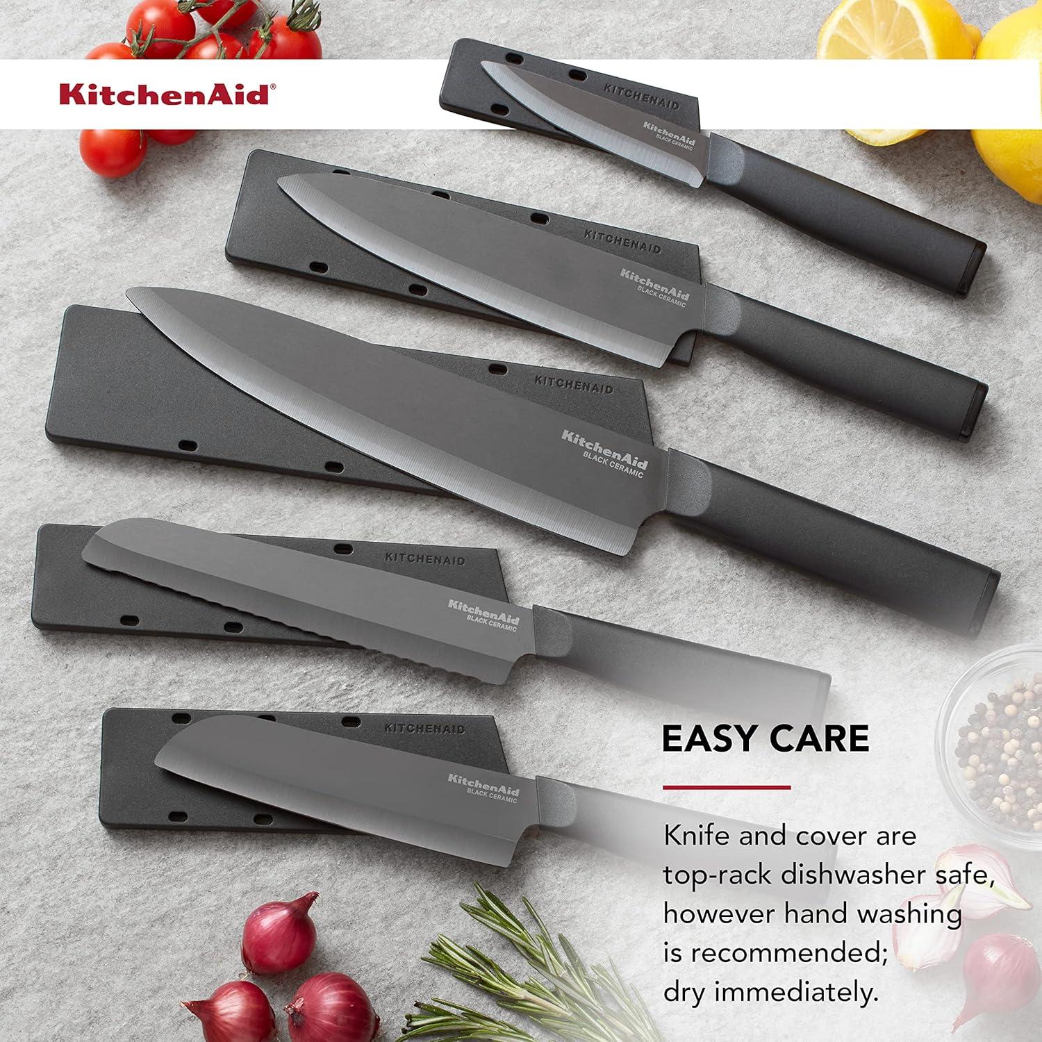 Kitchenaid Classic Ceramic Serrated Bread Knife with Endcap and Blade Cover, 6-inch, Black