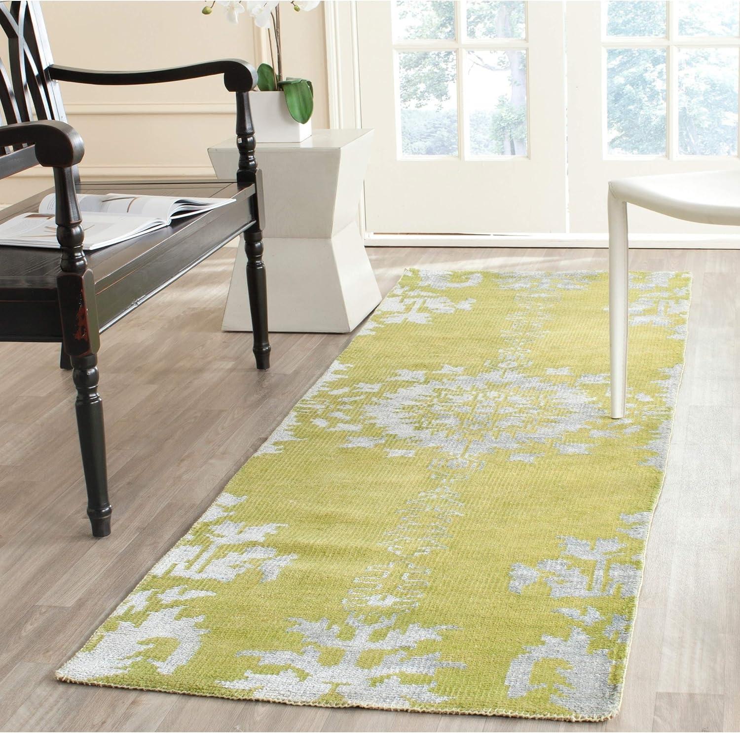 Elegant Chartreuse 30'' Hand-Knotted Wool & Viscose Runner Rug