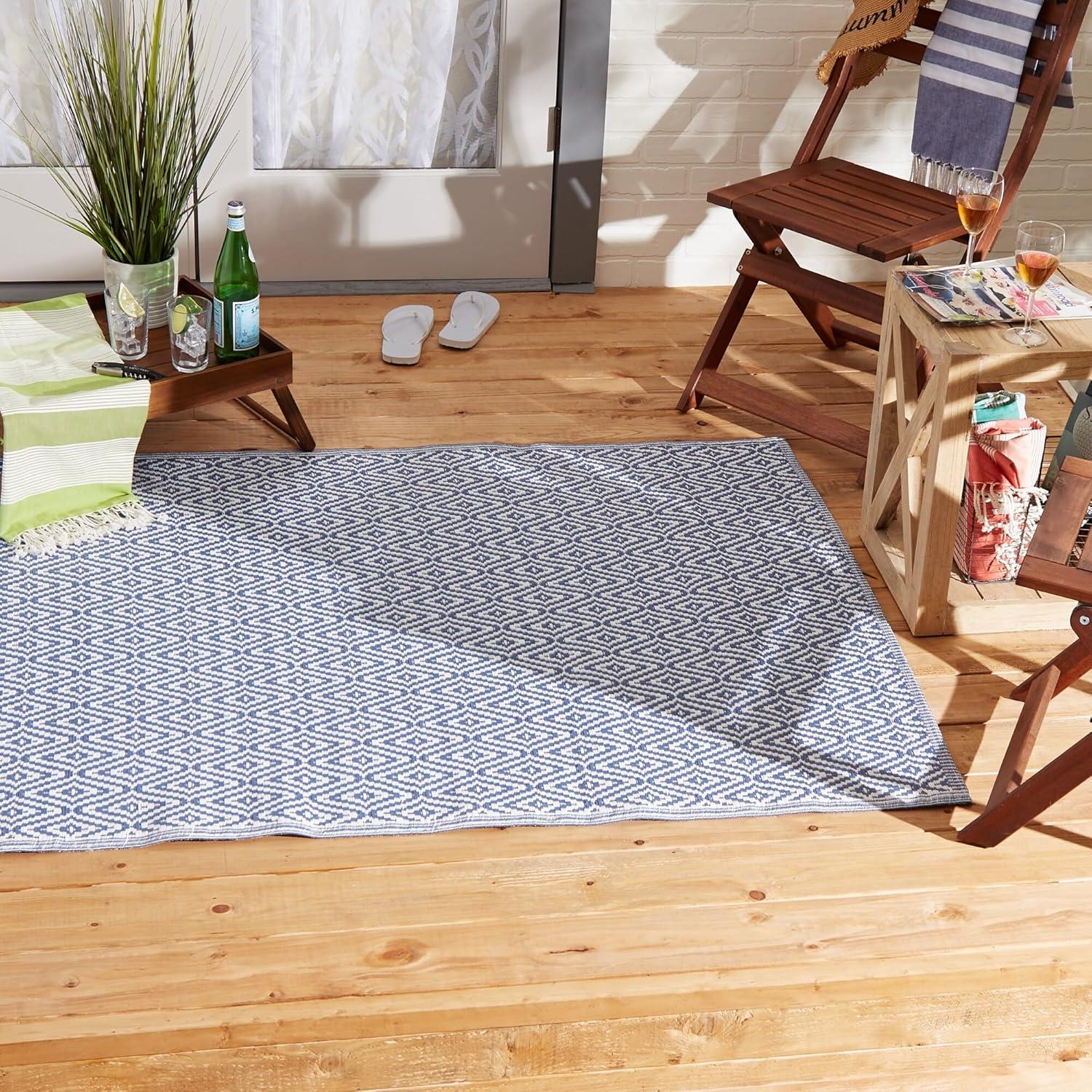 French Blue Diamond Weave Non-Slip Outdoor Rug 4' x 6'