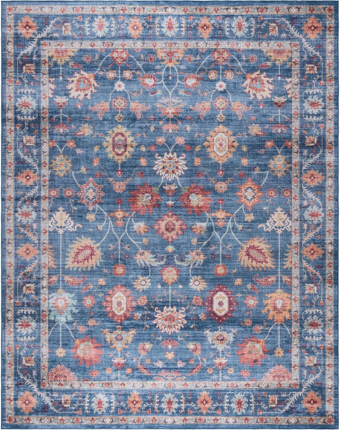 Gertmenian Crystal Print Cullen Navy Blue Multi Transitional Floral Border Washable Flat Pile Indoor Area Rug