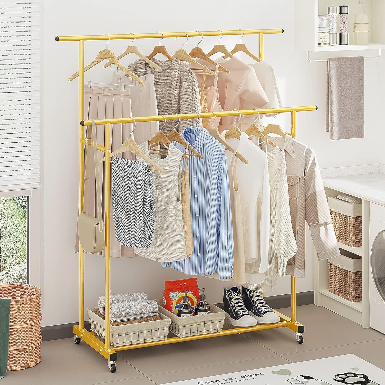 Calmootey Double Rod Clothing Garment Rack,Rolling Hanging Clothes Rack,Portable Clothes Organizer for Bedroom,Living Room,Clothing Store,Gold