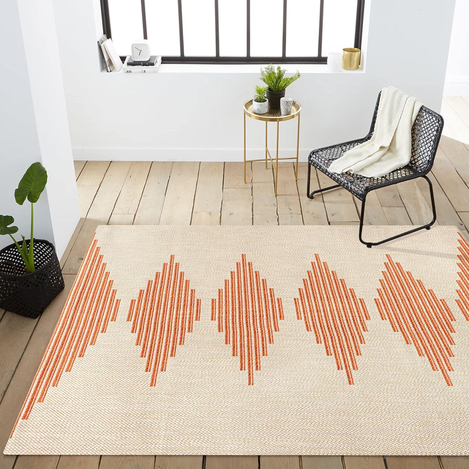 Beige and Orange Stripe 8' x 10' Synthetic Indoor/Outdoor Rug