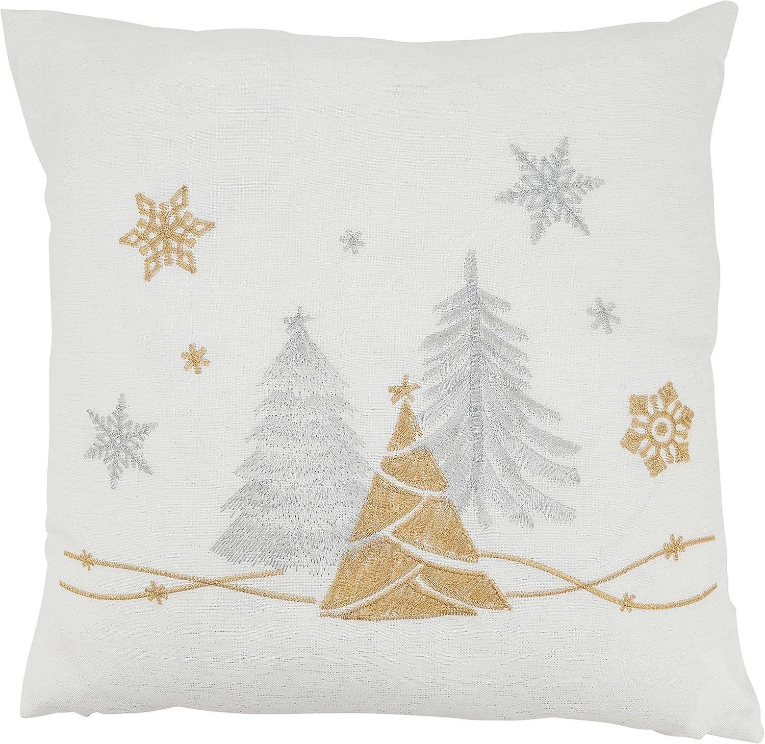 Saro Lifestyle Seasonal Splendor Christmas Trees and Snowflakes Throw Pillow Cover, 18", White