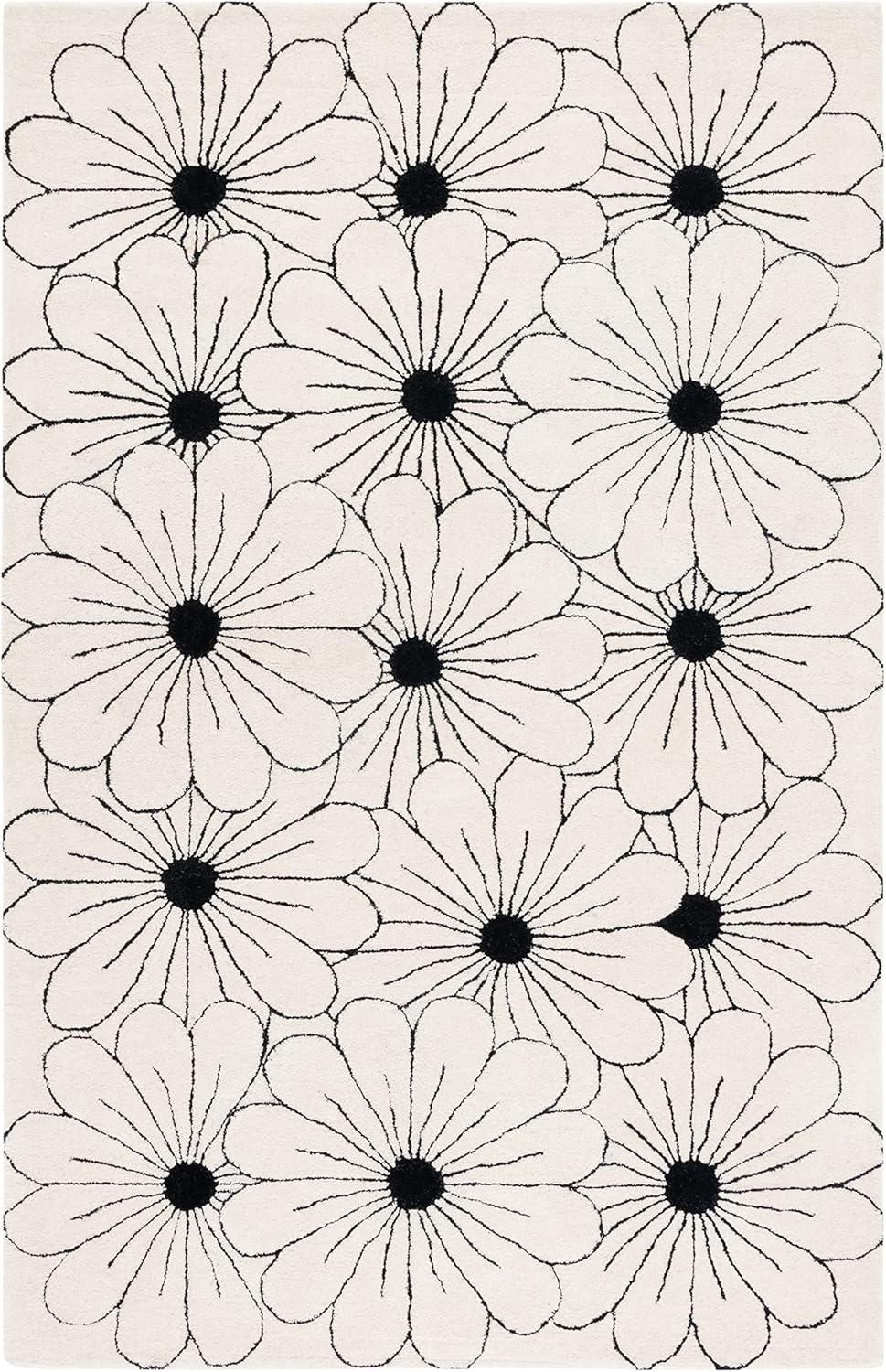 Ivory and Black Tufted Wool Floral 5' x 8' Area Rug