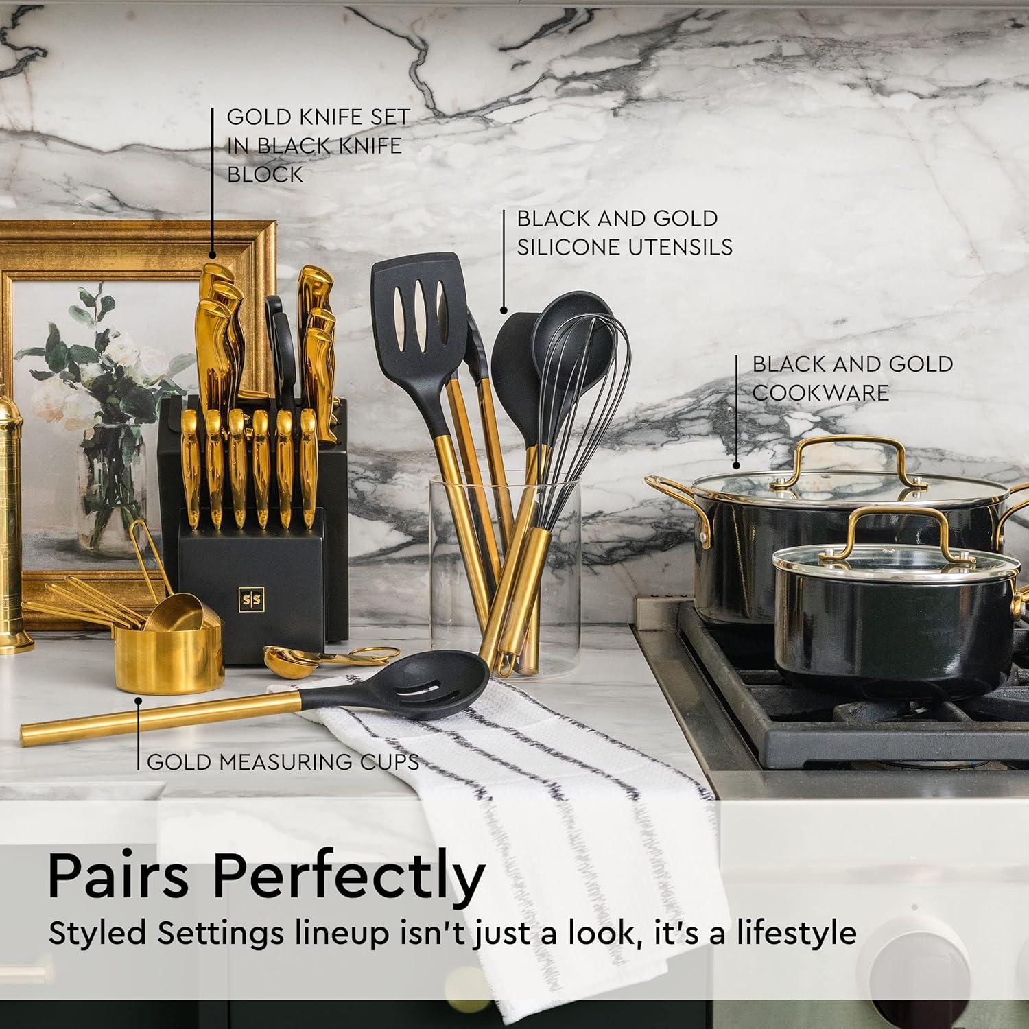 Black and Gold Kitchen Utensils Set 6PC Black Silicone Utensils Set Includes: Gold Tongs, Gold Whisk, Gold Serving Spoon, Gold Spatula & Turner-Black and Gold Kitchen Accessories & Gold Kitchen Decor