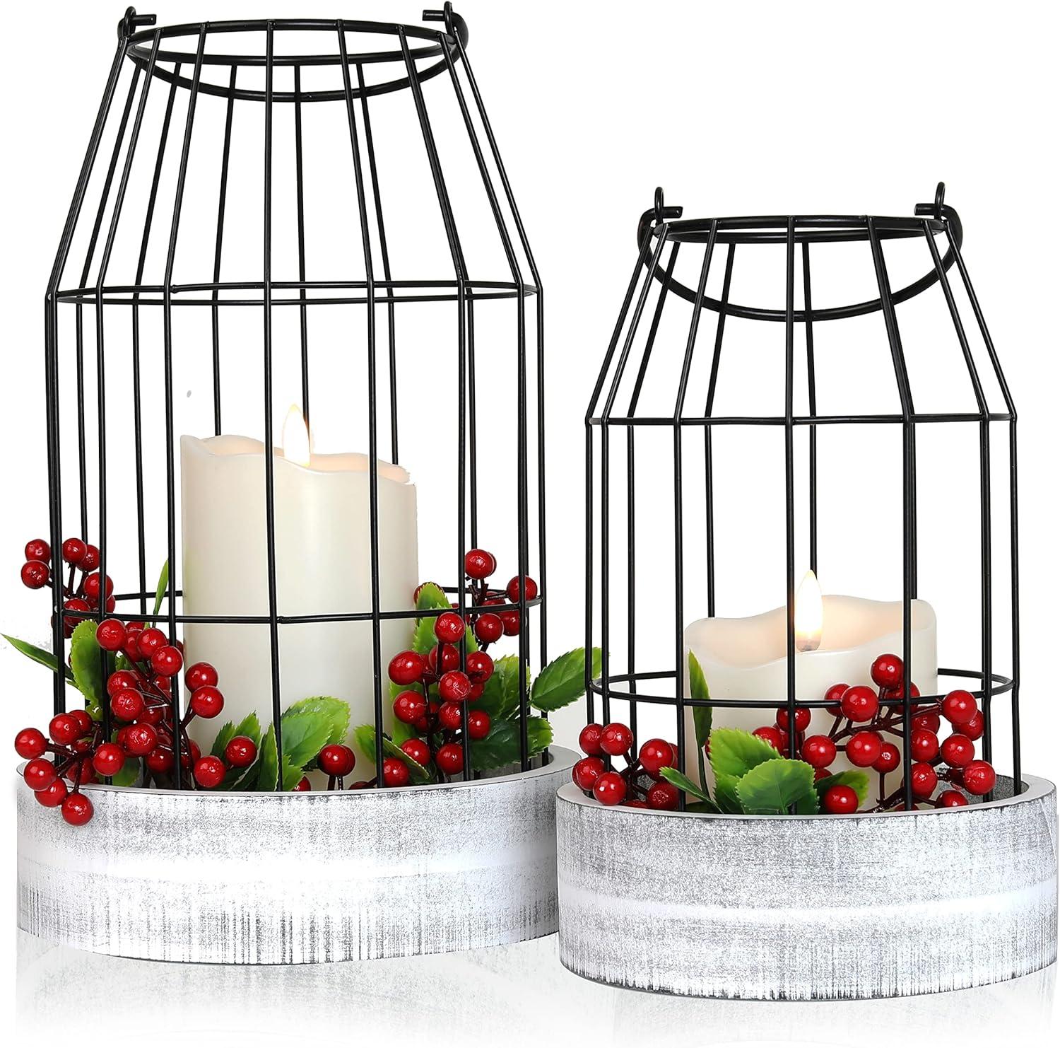 Rustic Farmhouse Lantern Decor Set of 2 - Stylish Decorative Lanterns for Your Living Room, Fireplace Mantle or Kitchen Dining Table - Modern Upscale Beauty for Your Entire Home