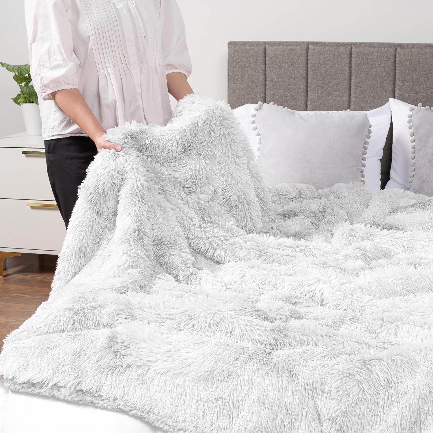 PAVILIA Fluffy Faux Fur Reversible Throw Blanket for Bed, Sofa, and Couch