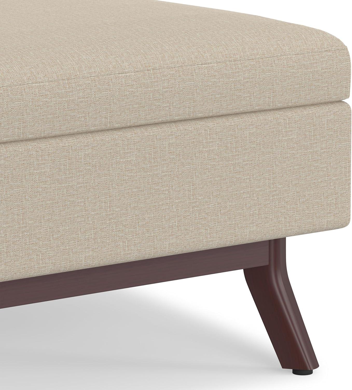 Simpli Home Owen 34"W Upholstered Coffee Table Storage Ottoman with Lift Top and Solid Wood Legs