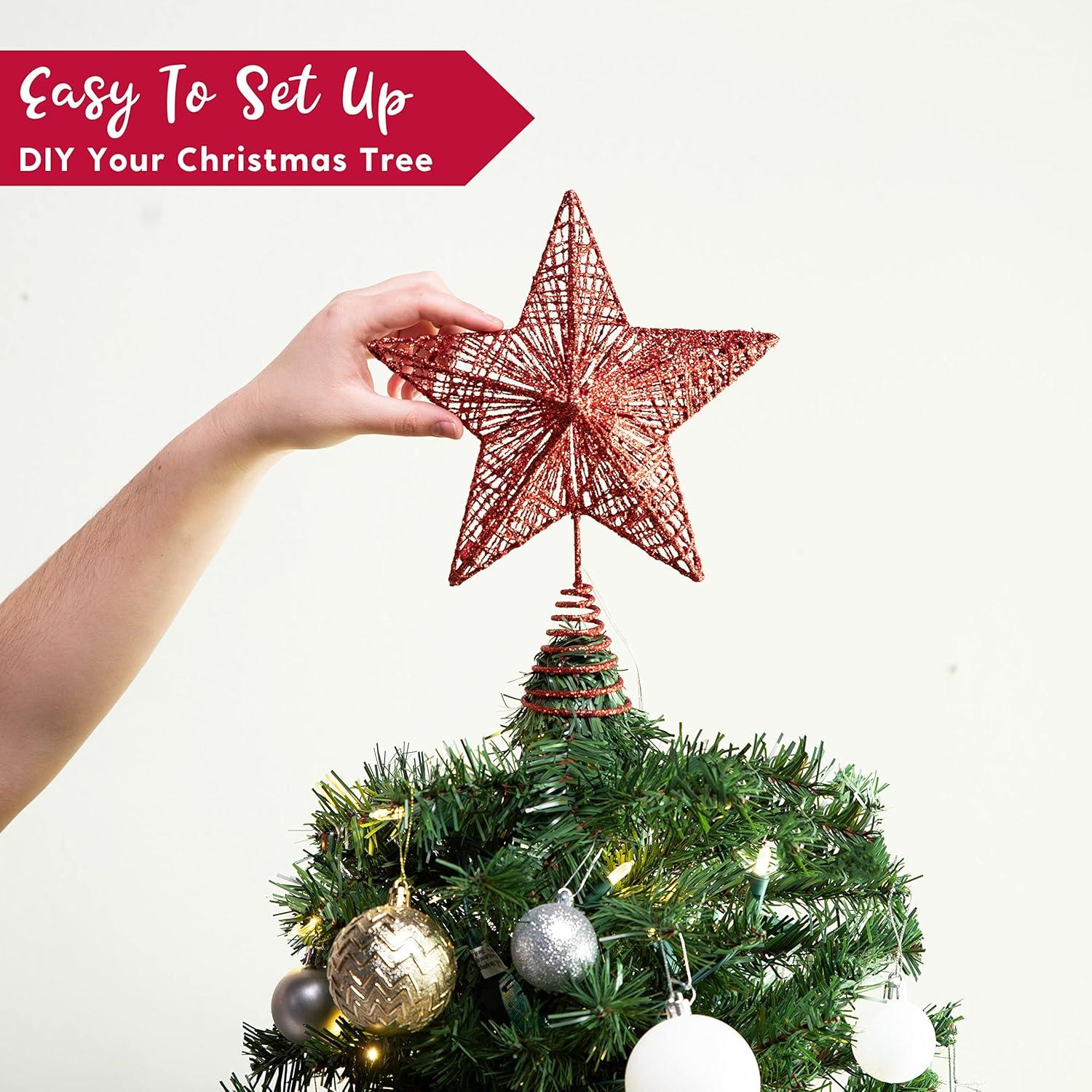 Red Glitter Metal Star Christmas Tree Topper with LED Lights
