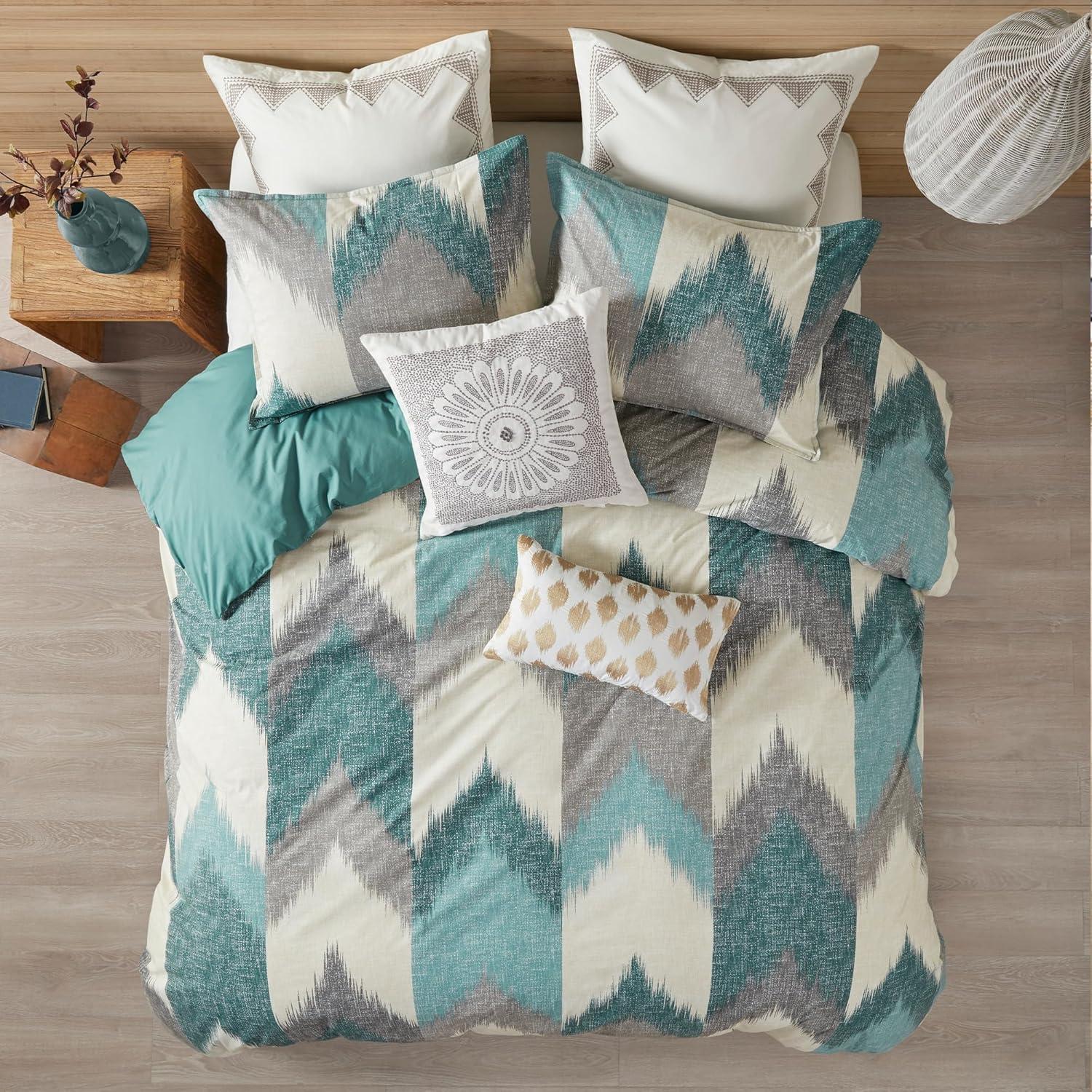 King Aqua Cotton Reversible Ikat Chevron Comforter Set