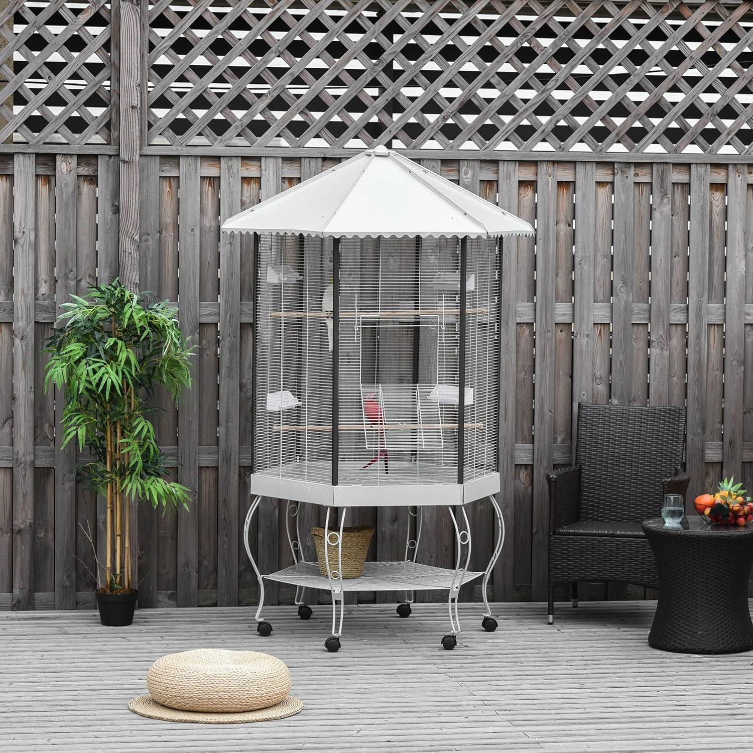 Hexagonal Gray Iron Aviary Bird Cage with Canopy and Storage