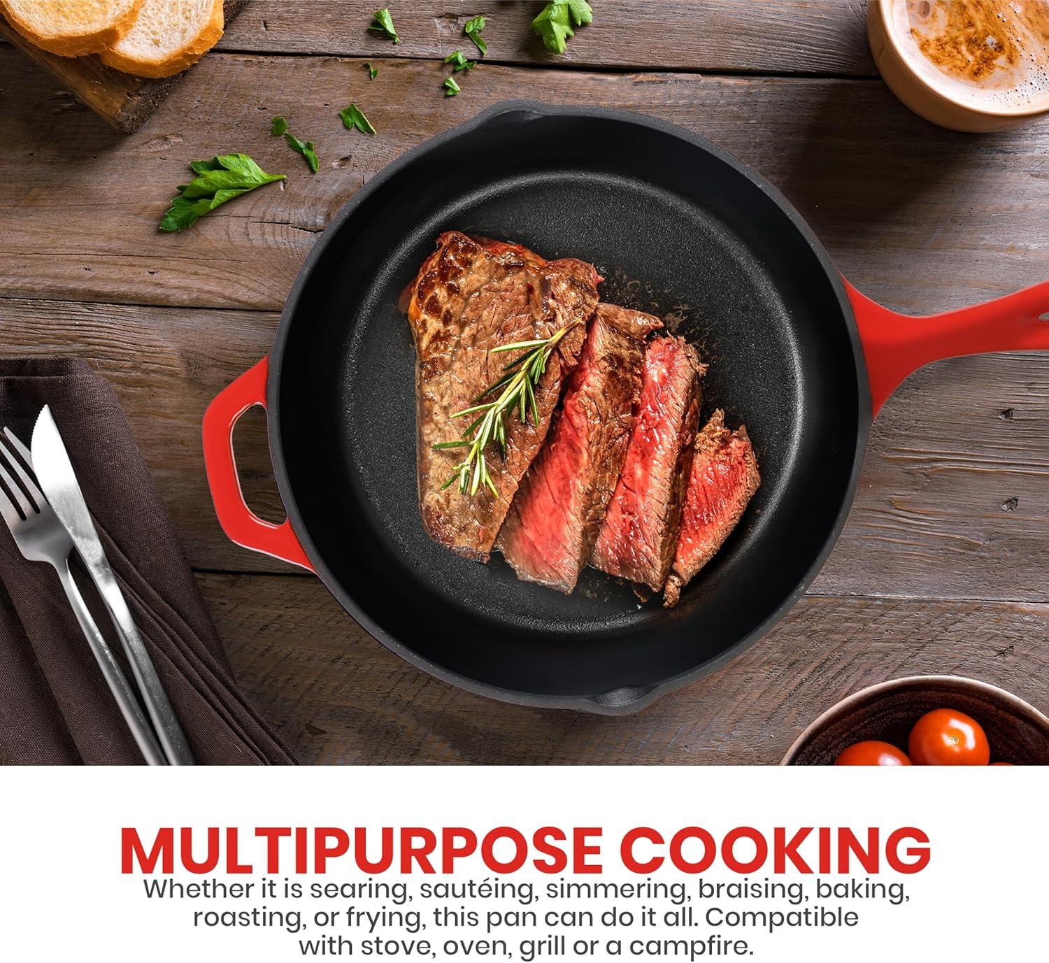 doitbest Pre-Seasoned Cast Iron Skillet with Lid, Grill-Safe Cookware, Red