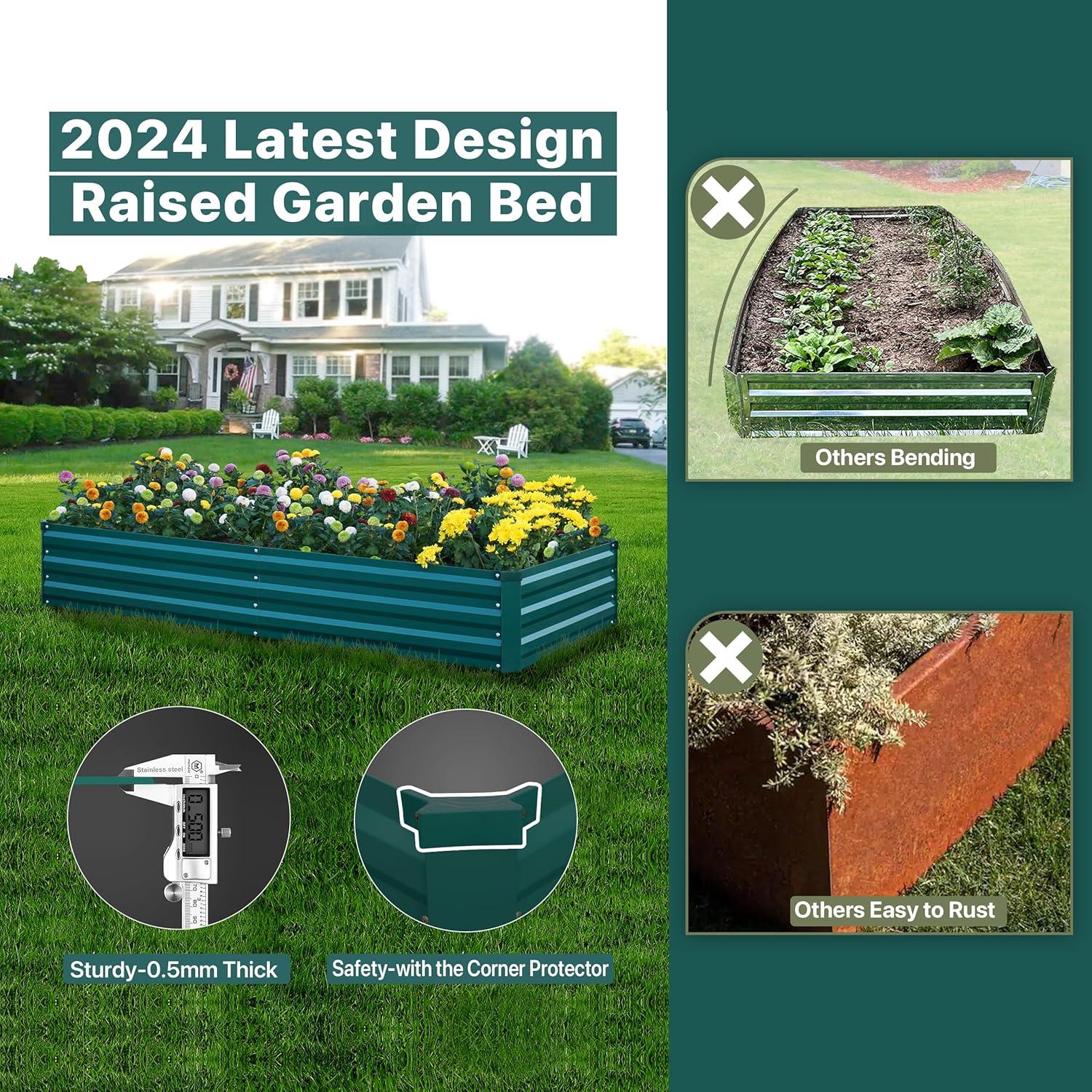 Green Galvanized Steel Outdoor Raised Garden Bed, 8x4x1FT