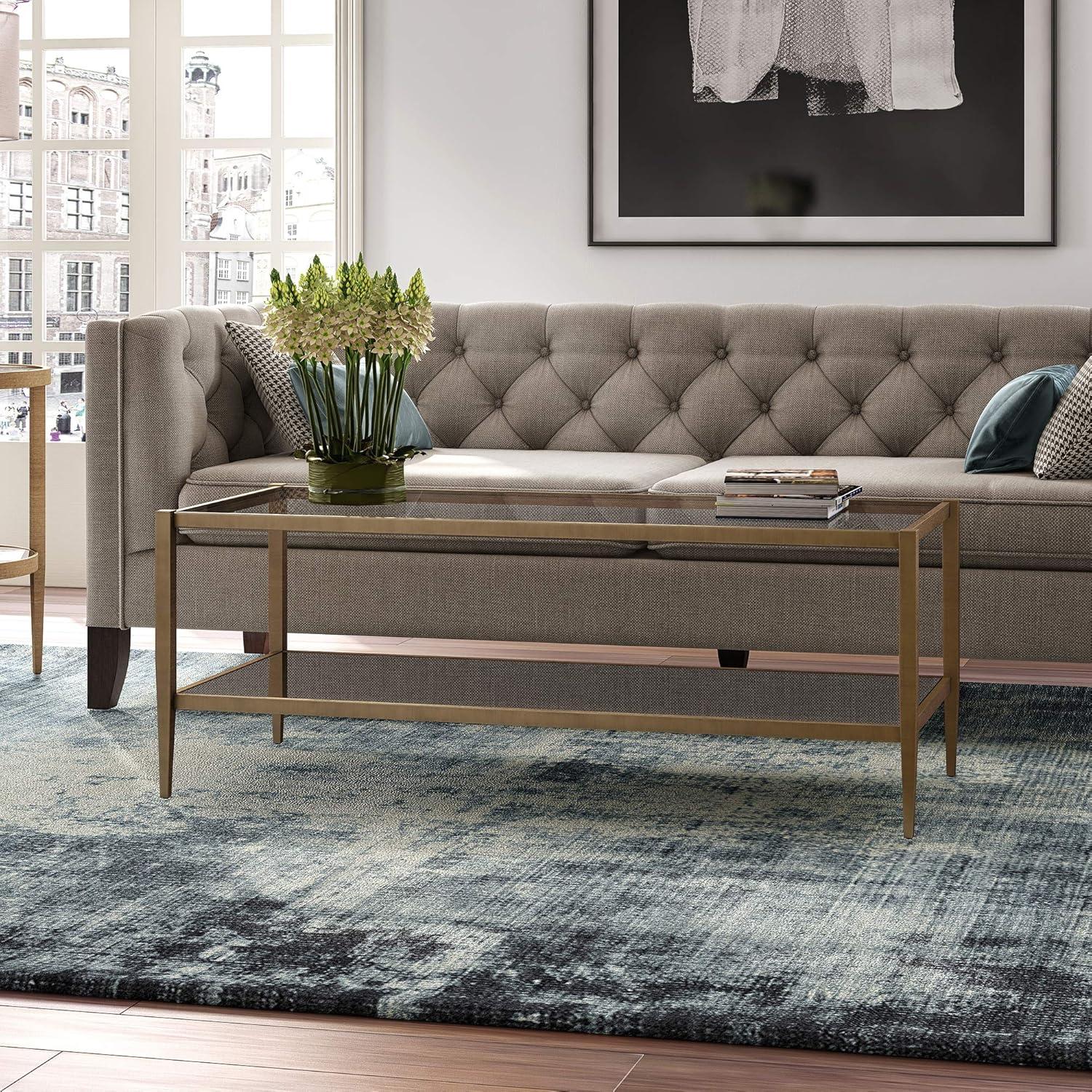 Modern Rectangle Coffee Table in Brass and Gold with Mirrored Shelf - Henn&Hart