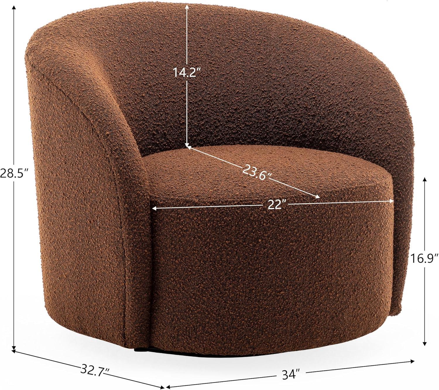 Brown Boucle Upholstered Swivel Barrel Accent Chair with Wooden Legs