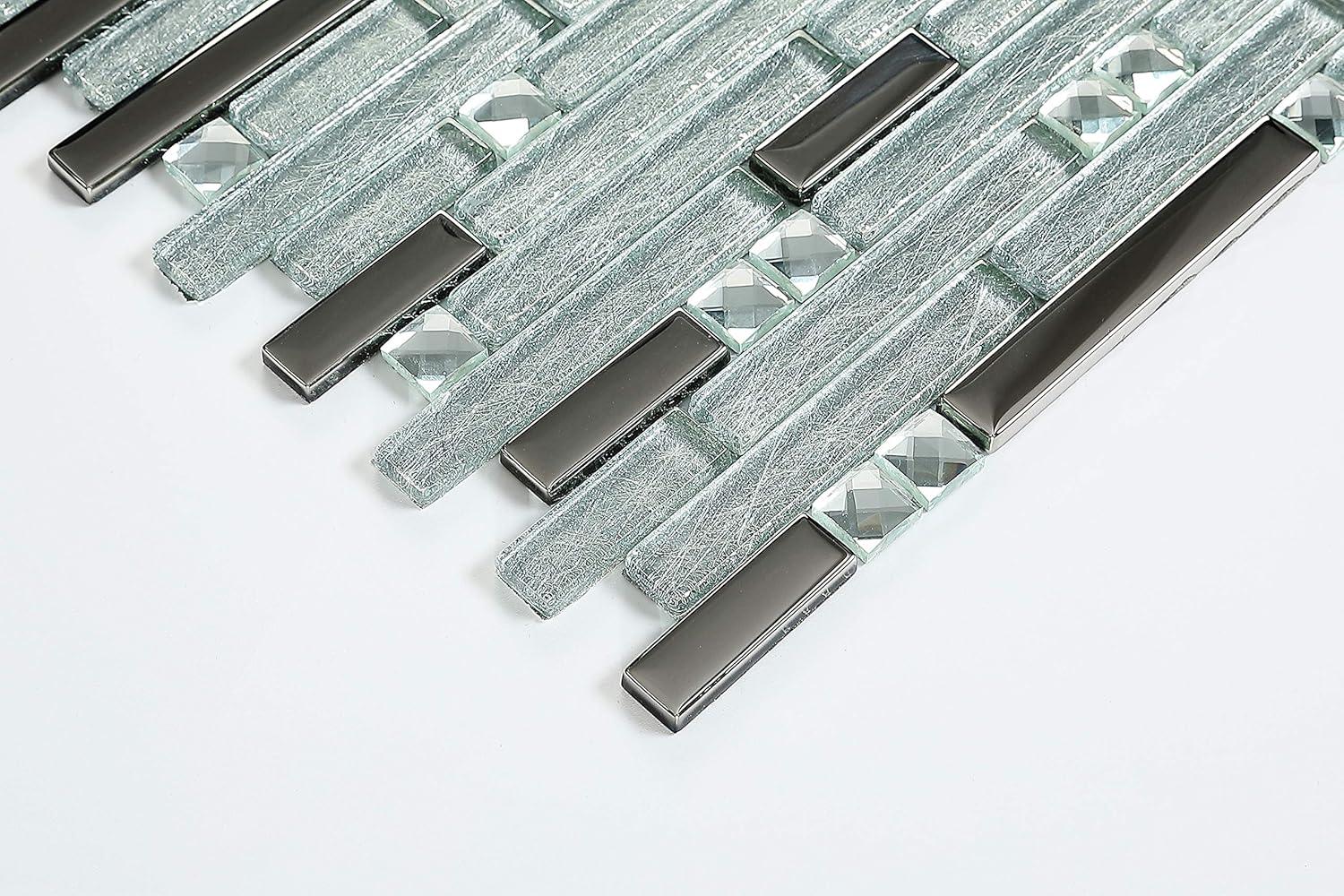 Silver Crystal Glass and Chrome Linear Mosaic Tile