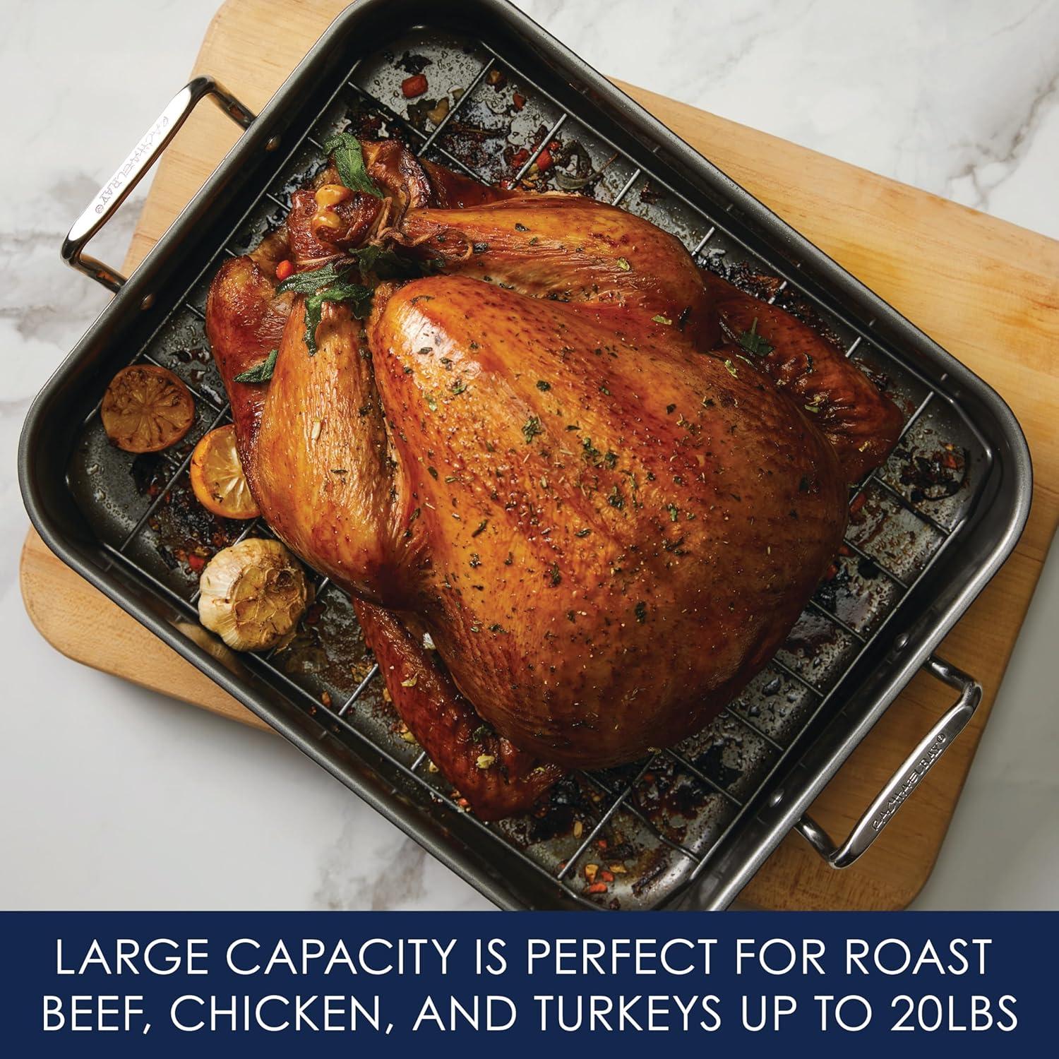 Rachael Ray 16" x 13" Roaster with Dual-Height Rack: Nonstick Carbon Steel Turkey Pan, Riveted Handles, Oven-Safe 450°F