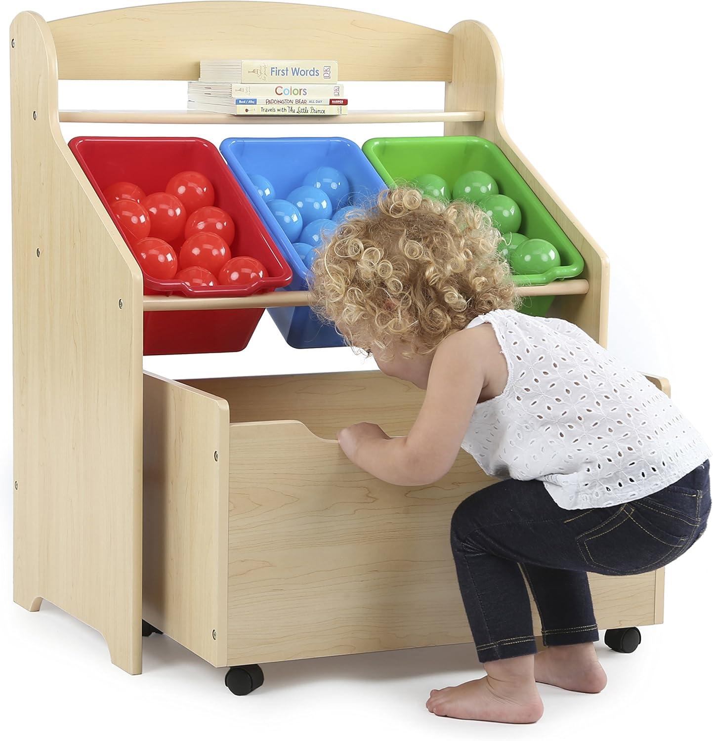 Humble Crew 3-in-1 Toddler-Size Storage Organizer with Rolling Toy Box, Plastic Bins, Natural/Primary