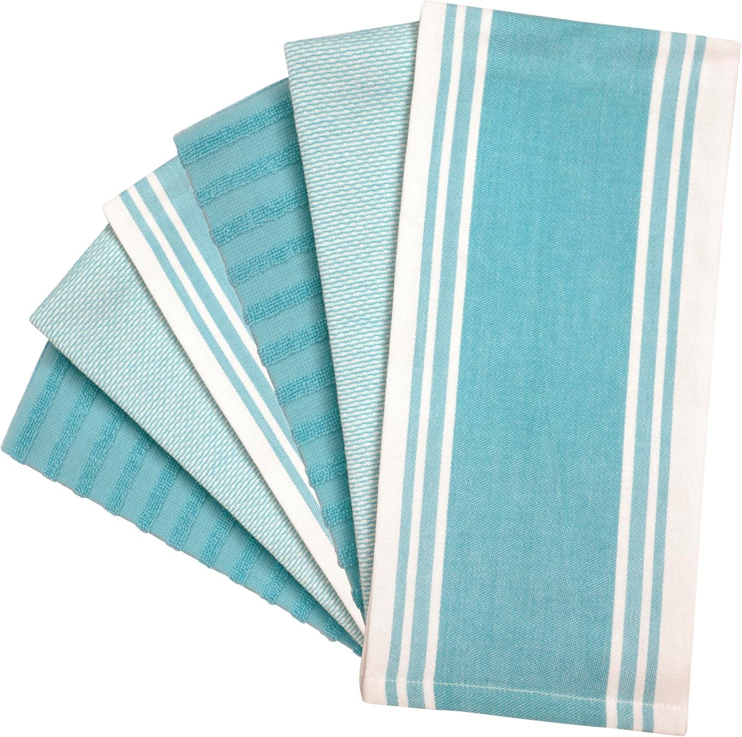 Aqua Cotton Terry and Flat Kitchen Towels Set, 20”x 28”, 6 Pack