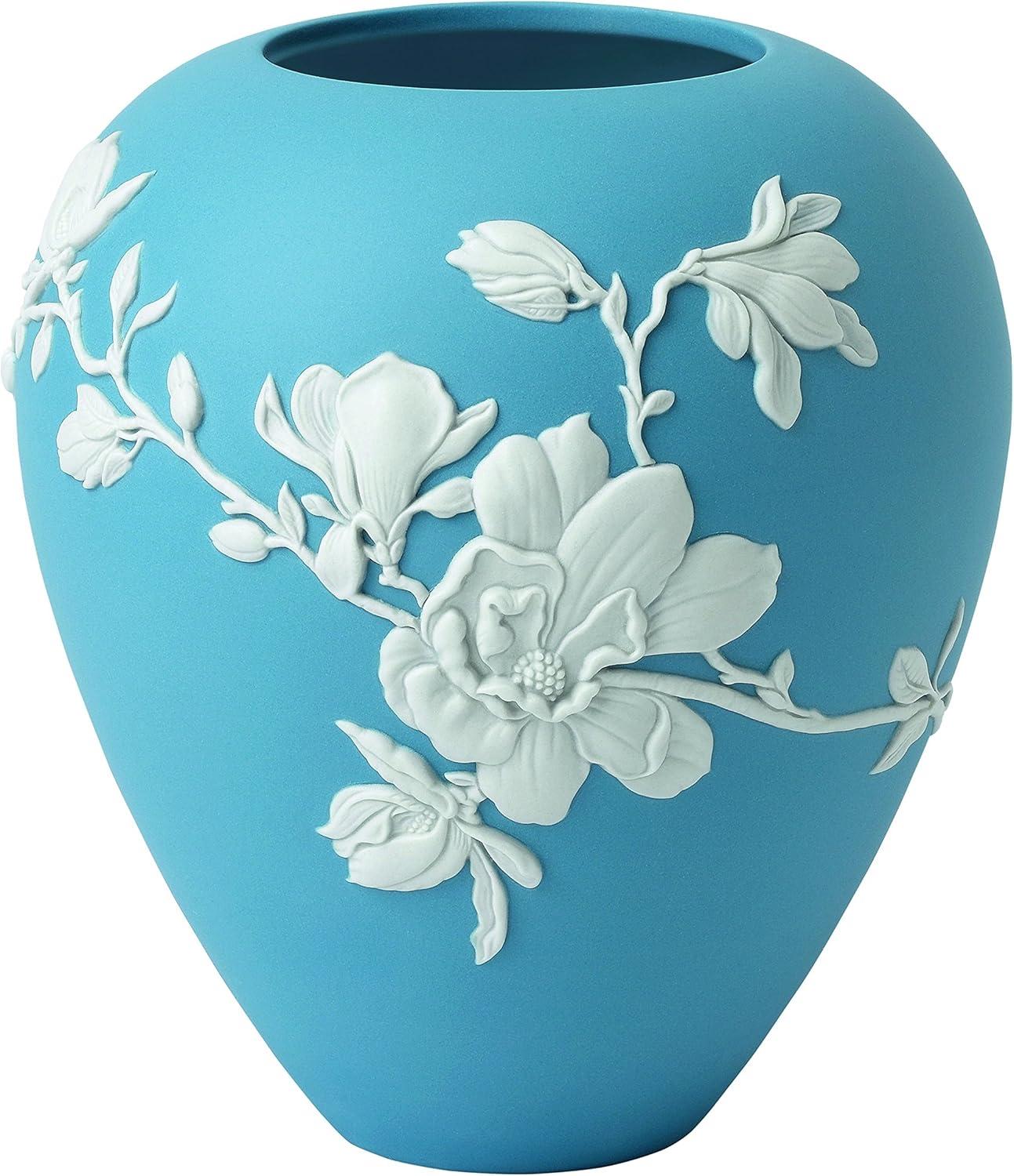 Blue and White Ceramic Magnolia Blossom Vase 7"