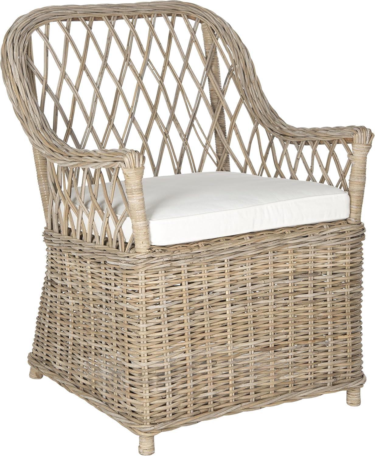 Transitional Rattan Arm Chair with Off-White Cushions