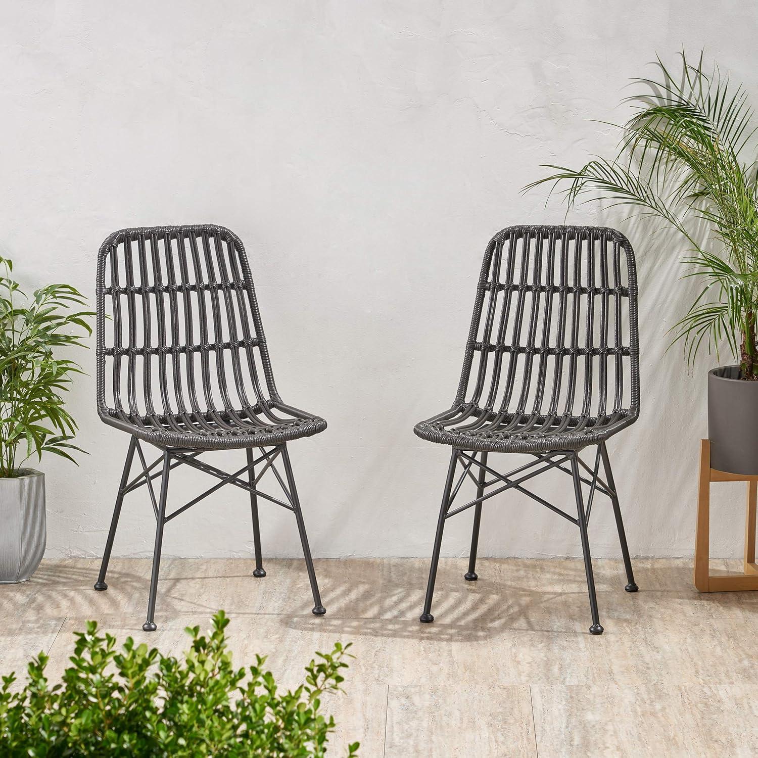 GDFStudio Braymer Outdoor Wicker and Iron Dining Chairs (Set of 2), Gray